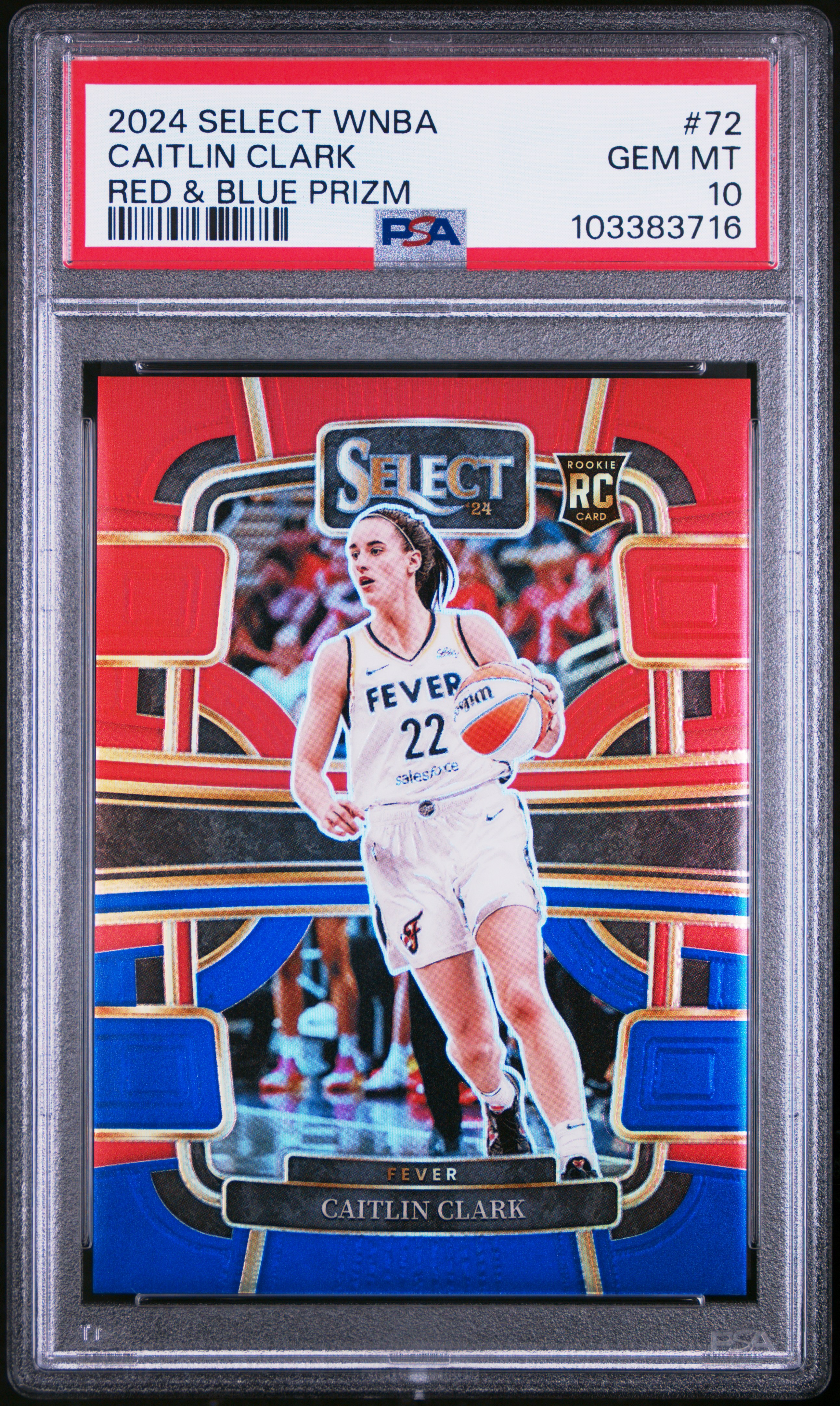 2024 Panini Select Wnba Caitlin Clark #72 (Red & Blue Prizm) Gem Mt 10 front