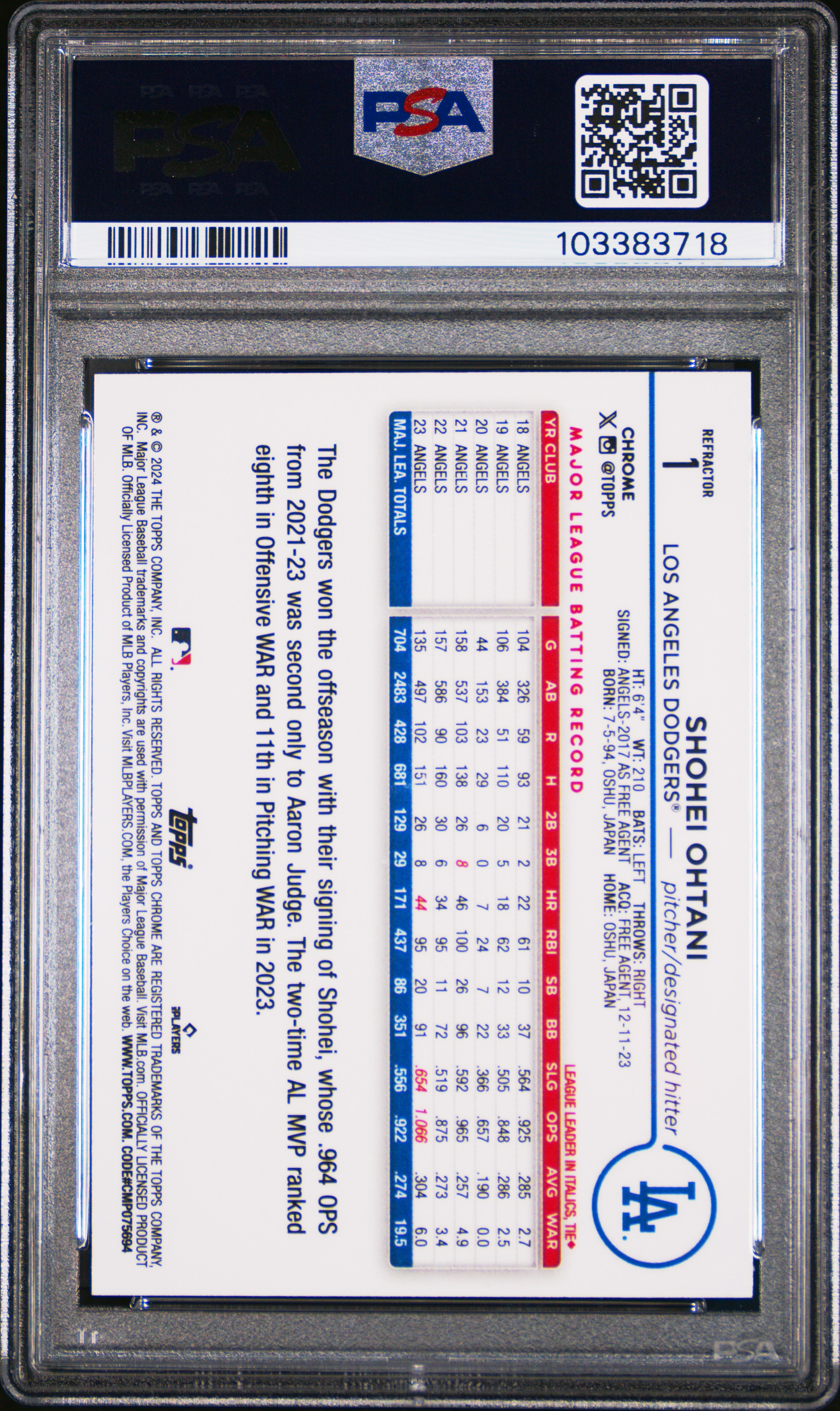 2024 Topps Chrome Shohei Ohtani #1 (Refractor) Gem Mt 10 back