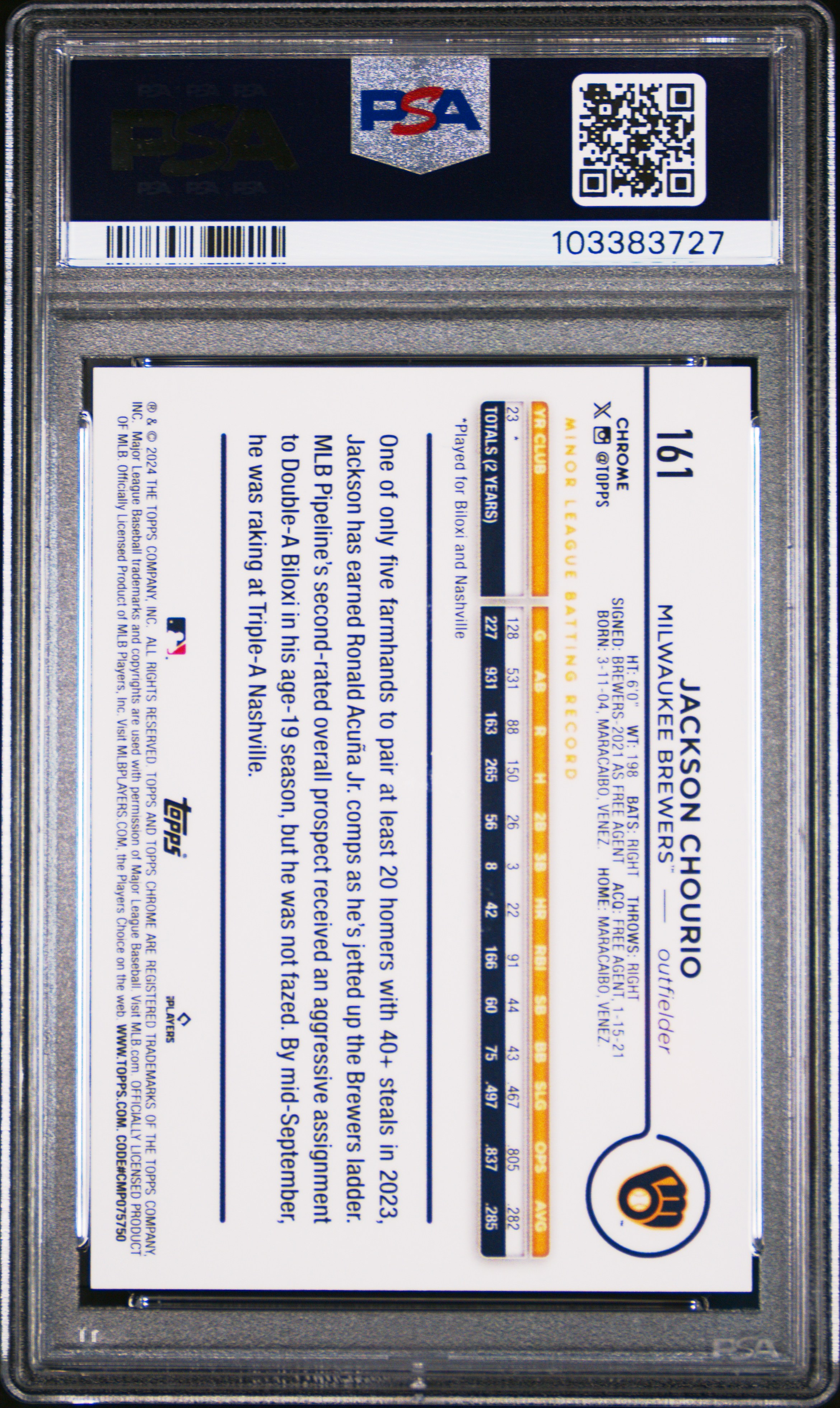 2024 Topps Chrome Jackson Chourio #161 (Variation) Mint 9 back