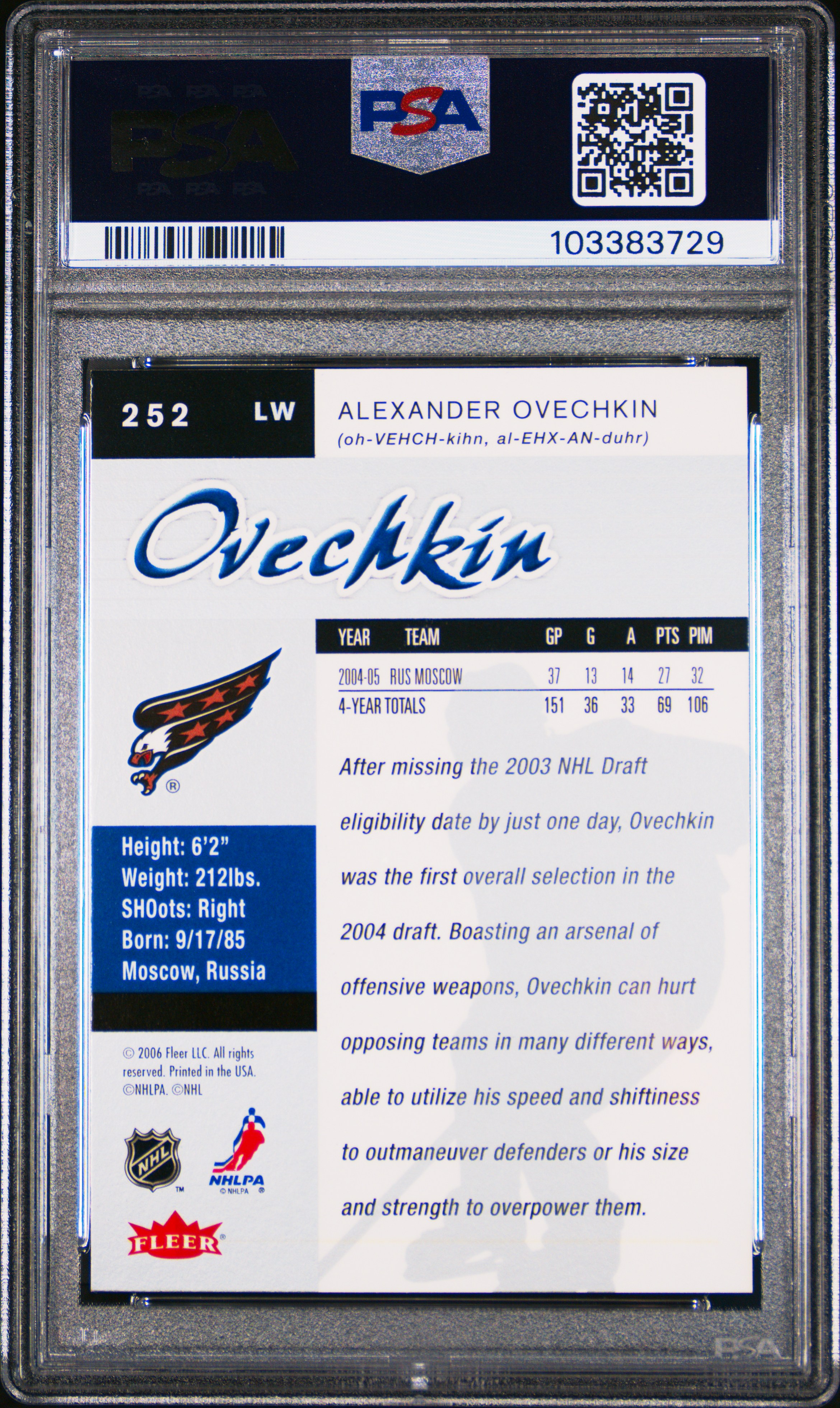 2005 Ultra Alexander Ovechkin #252 Mint 9 back