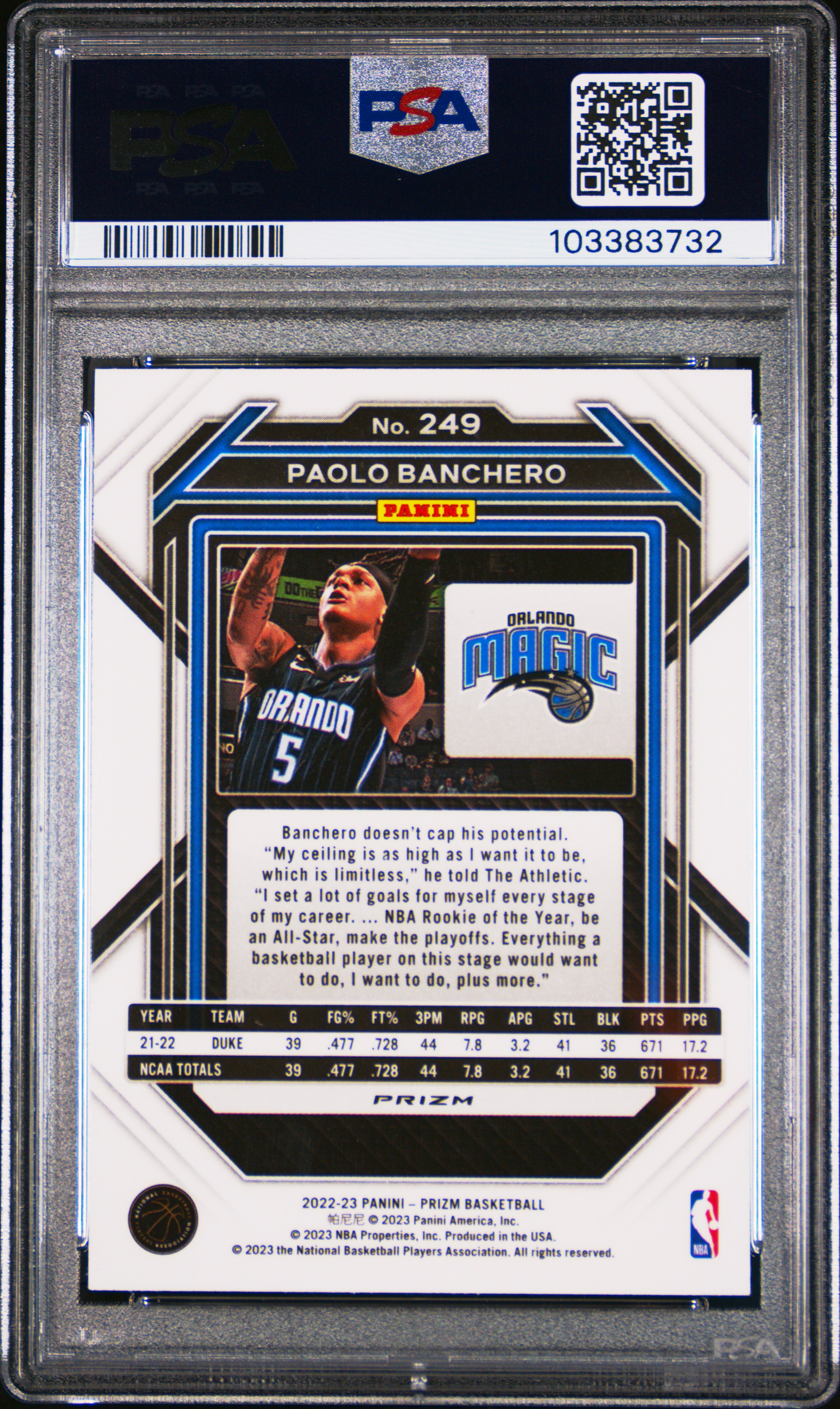 2022 Panini Prizm Paolo Banchero #249 (Green Prizm) Gem Mt 10 back