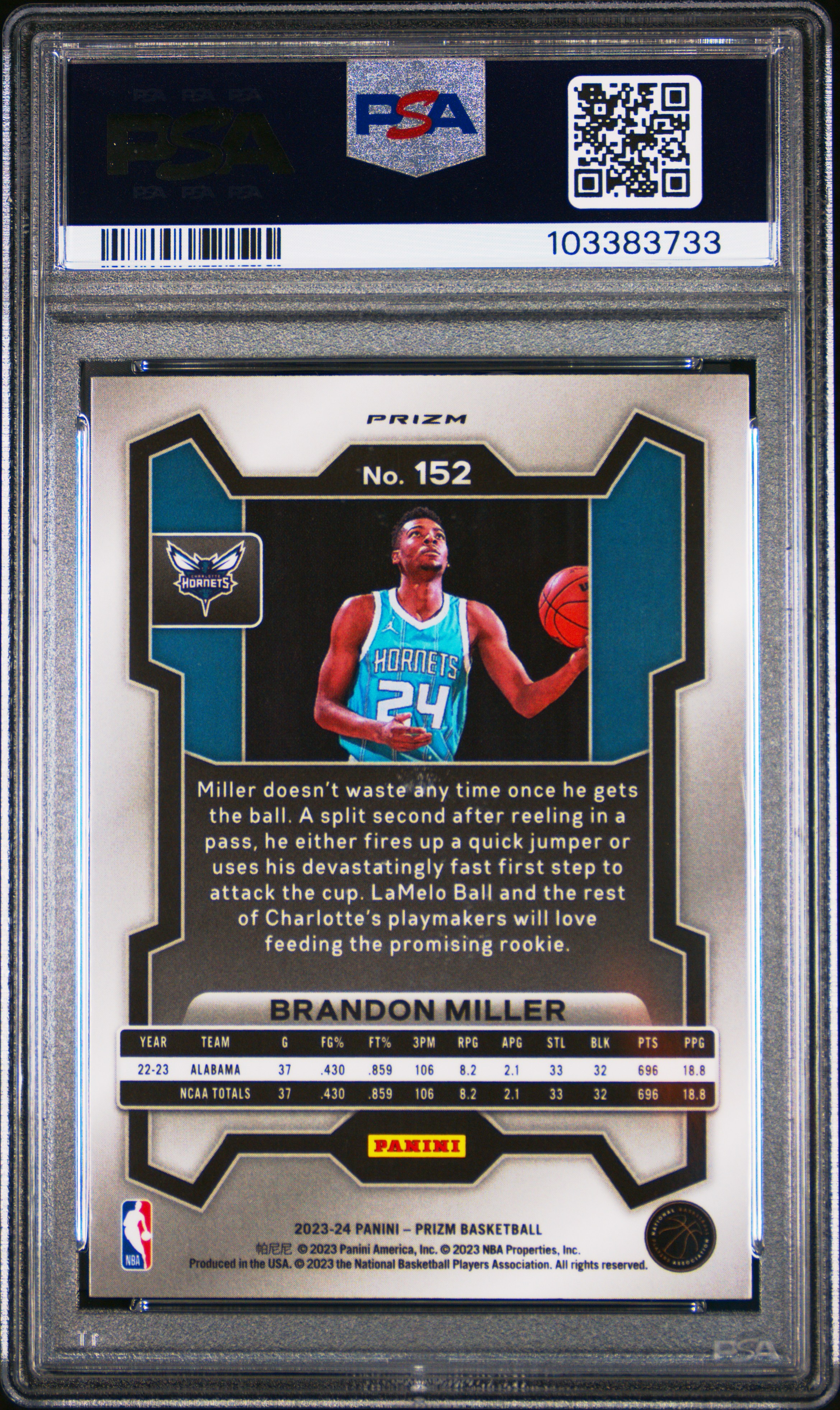 2023 Panini Prizm Brandon Miller #152 (Silver Prizm) Gem Mt 10 back