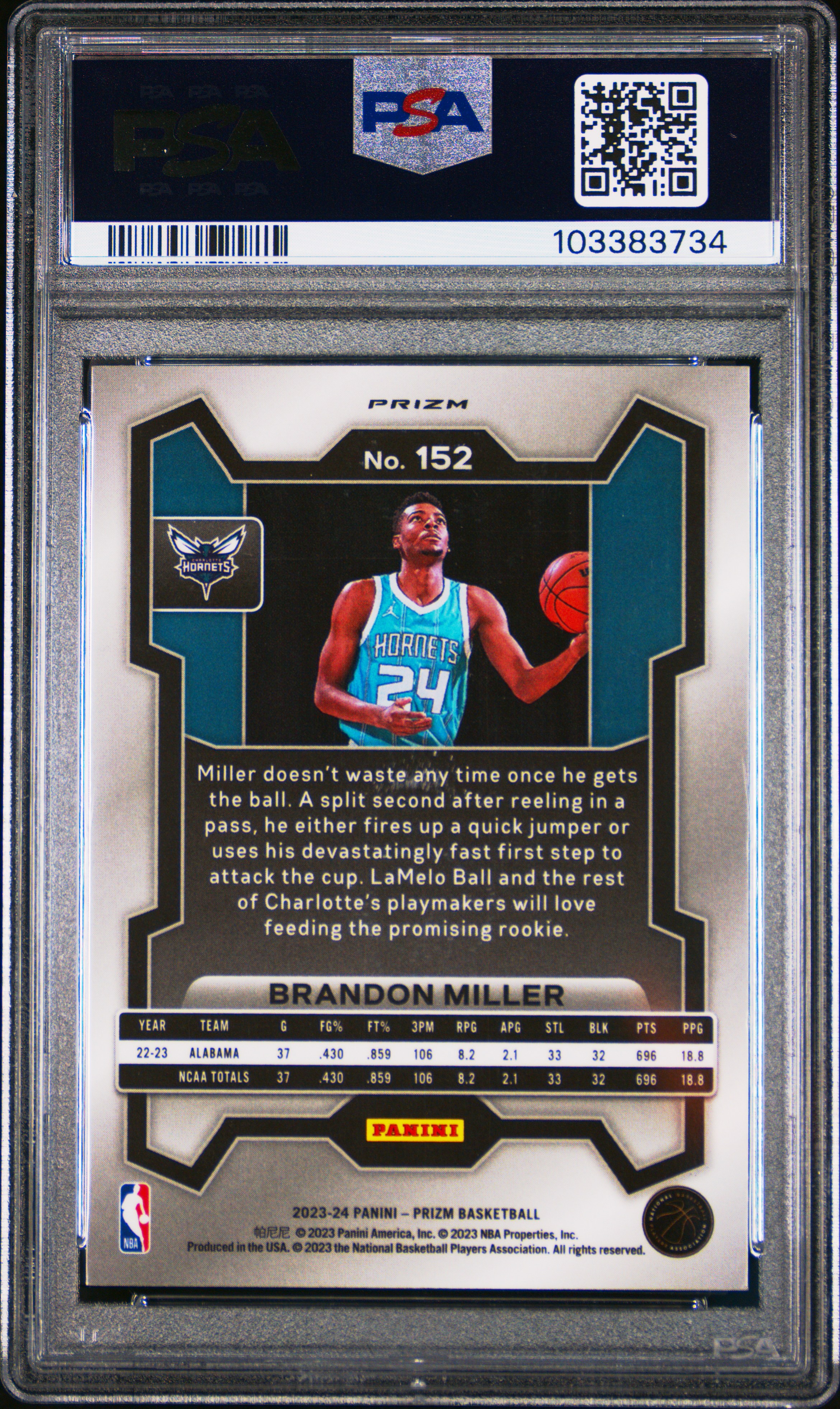 2023 Panini Prizm Brandon Miller #152 (Silver Prizm) Mint 9 back