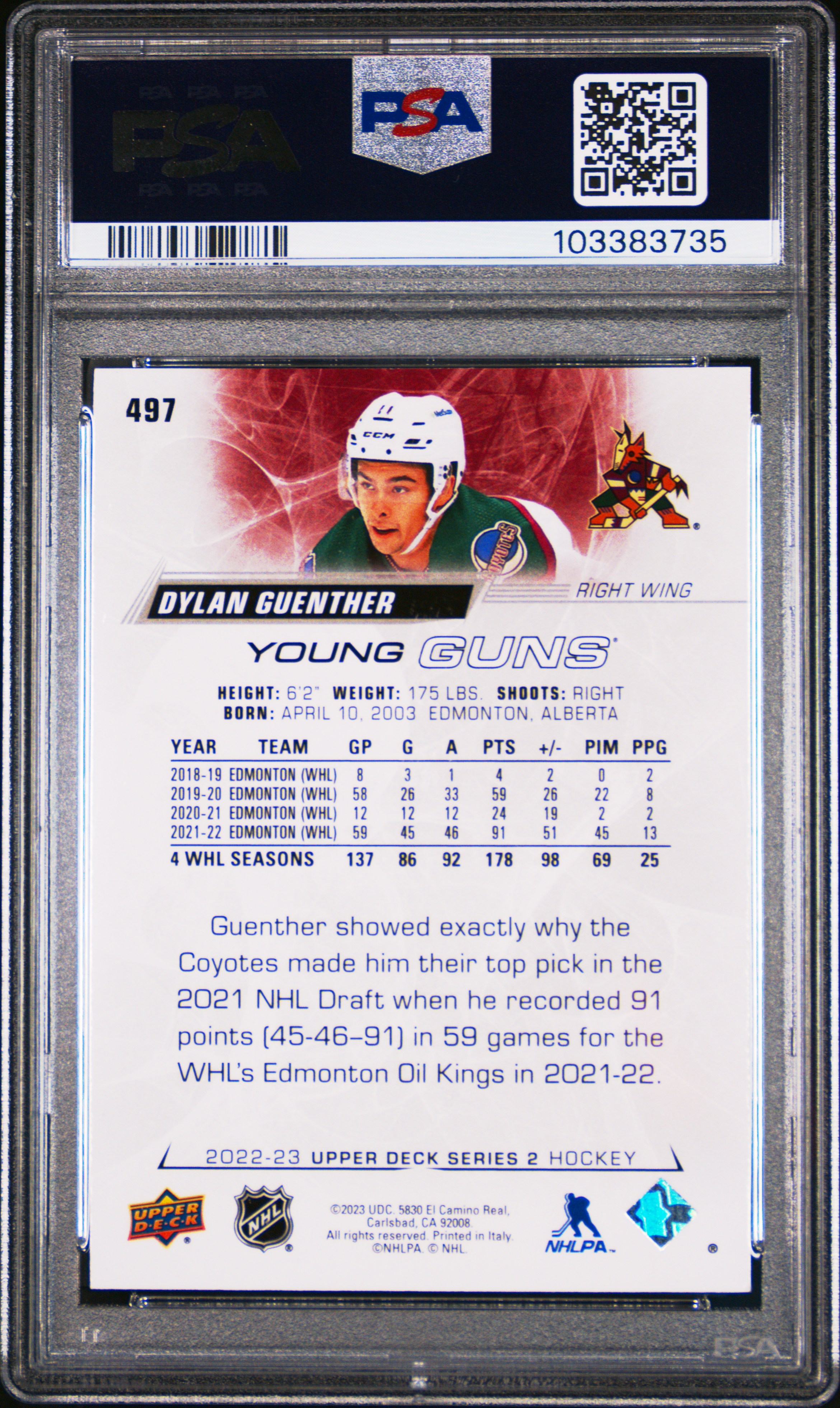 2022 Upper Deck Dylan Guenther #497 Nm-Mt 8 back