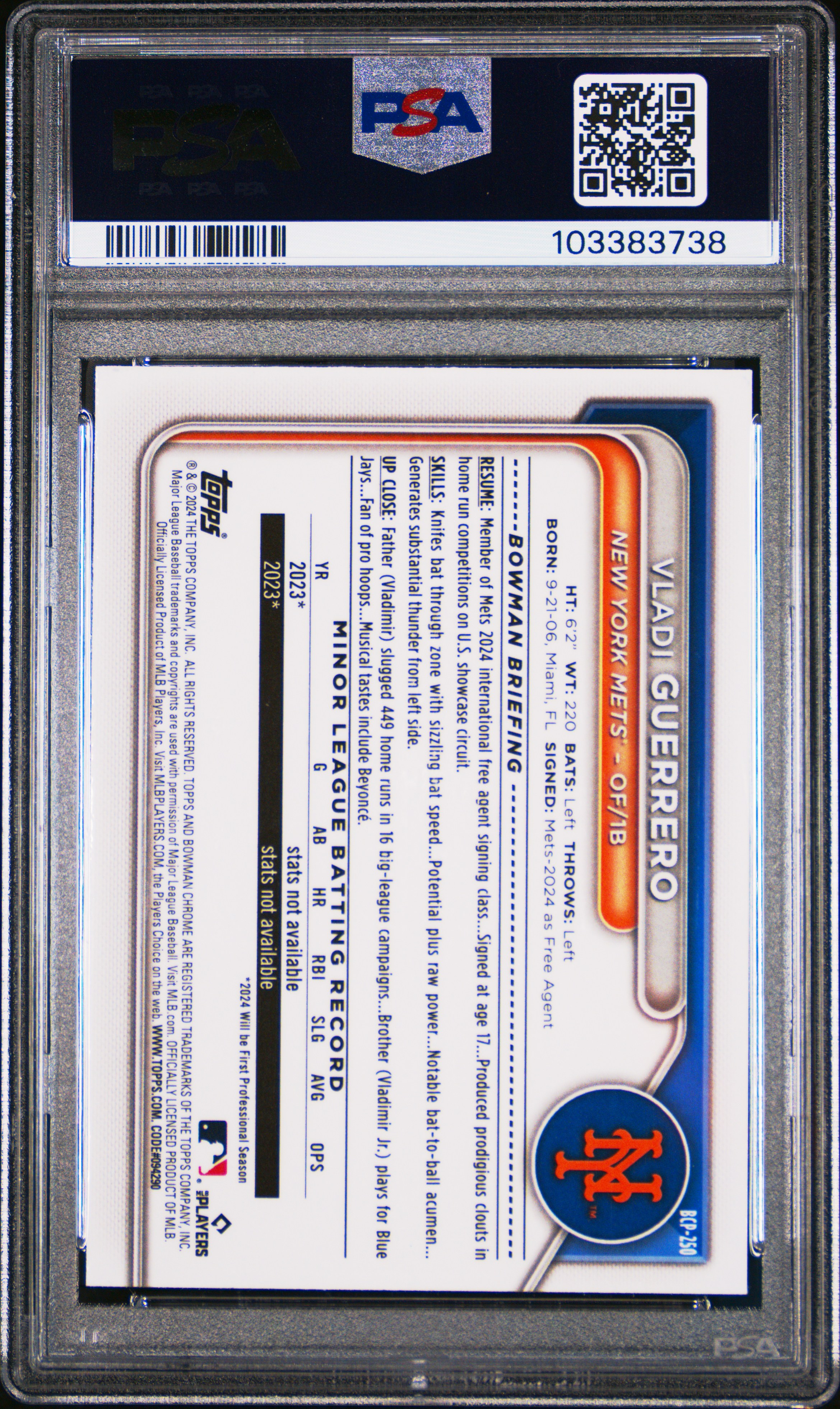 2024 Bowman Mega Box Chrome Prospects Vladi Guerrero #250 (Prospects-Yellow Ref) Mint 9 back