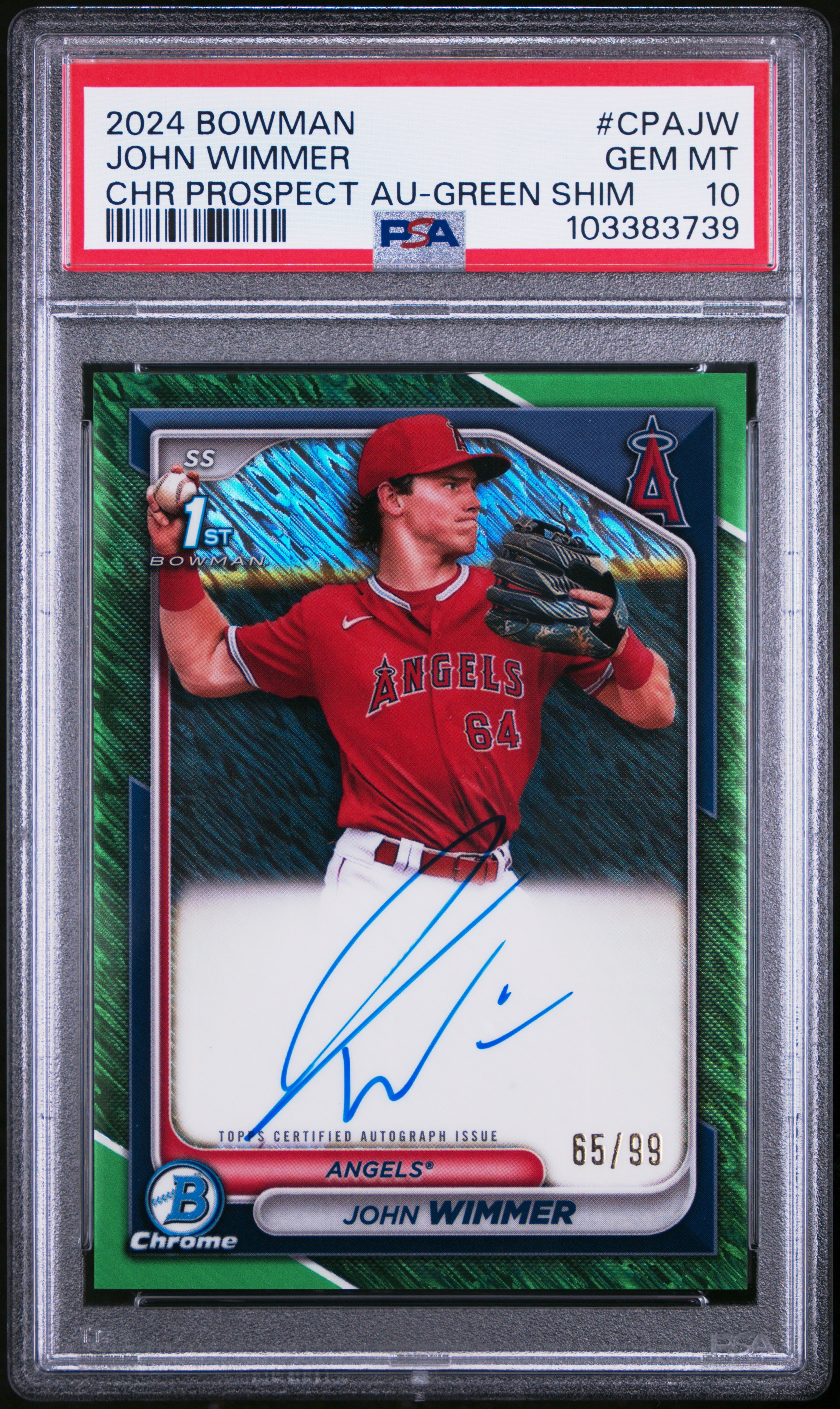2024 Bowman Chrome Prospect Autographs John Wimmer #Cpajw (Chr Prospect Au-Green Shim) Gem Mt 10 front