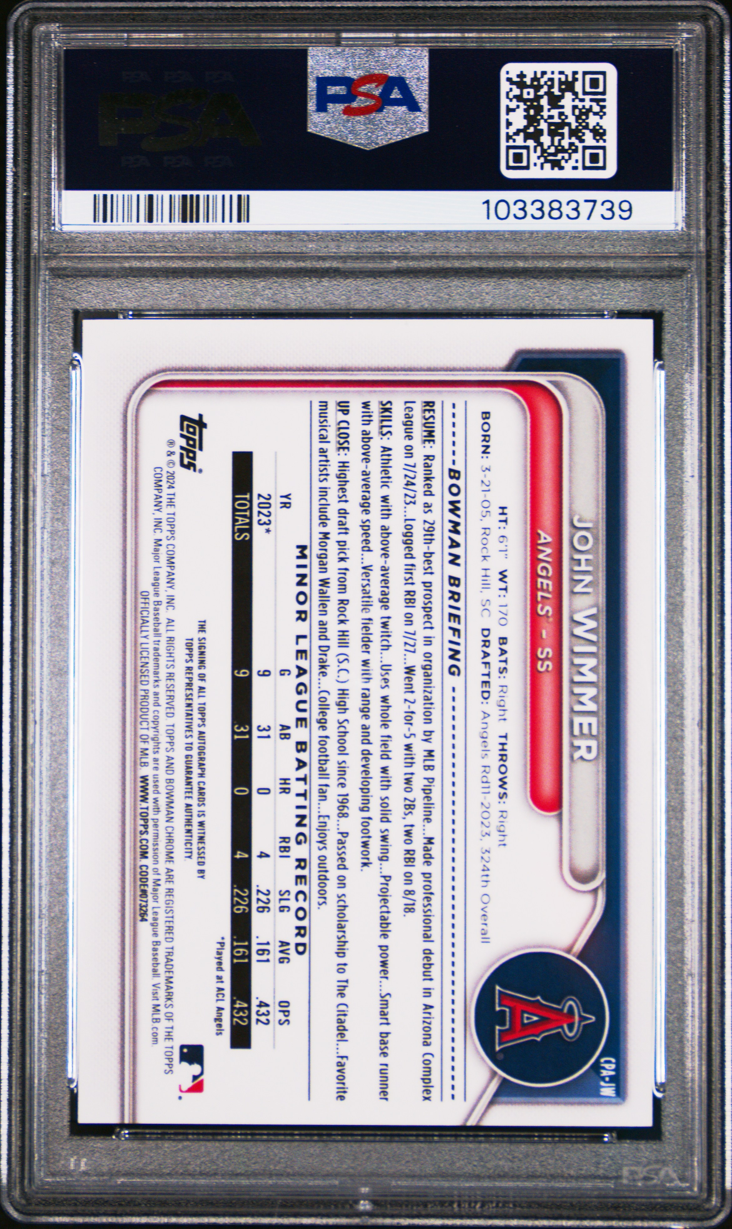 2024 Bowman Chrome Prospect Autographs John Wimmer #Cpajw (Chr Prospect Au-Green Shim) Gem Mt 10 back