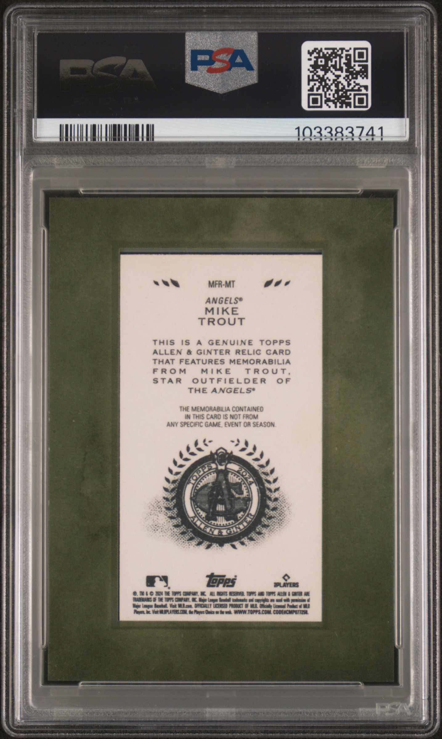 2024 Topps Allen & Ginter Mini Framed Relics Mike Trout #Mfrmt Gem Mt 10 back