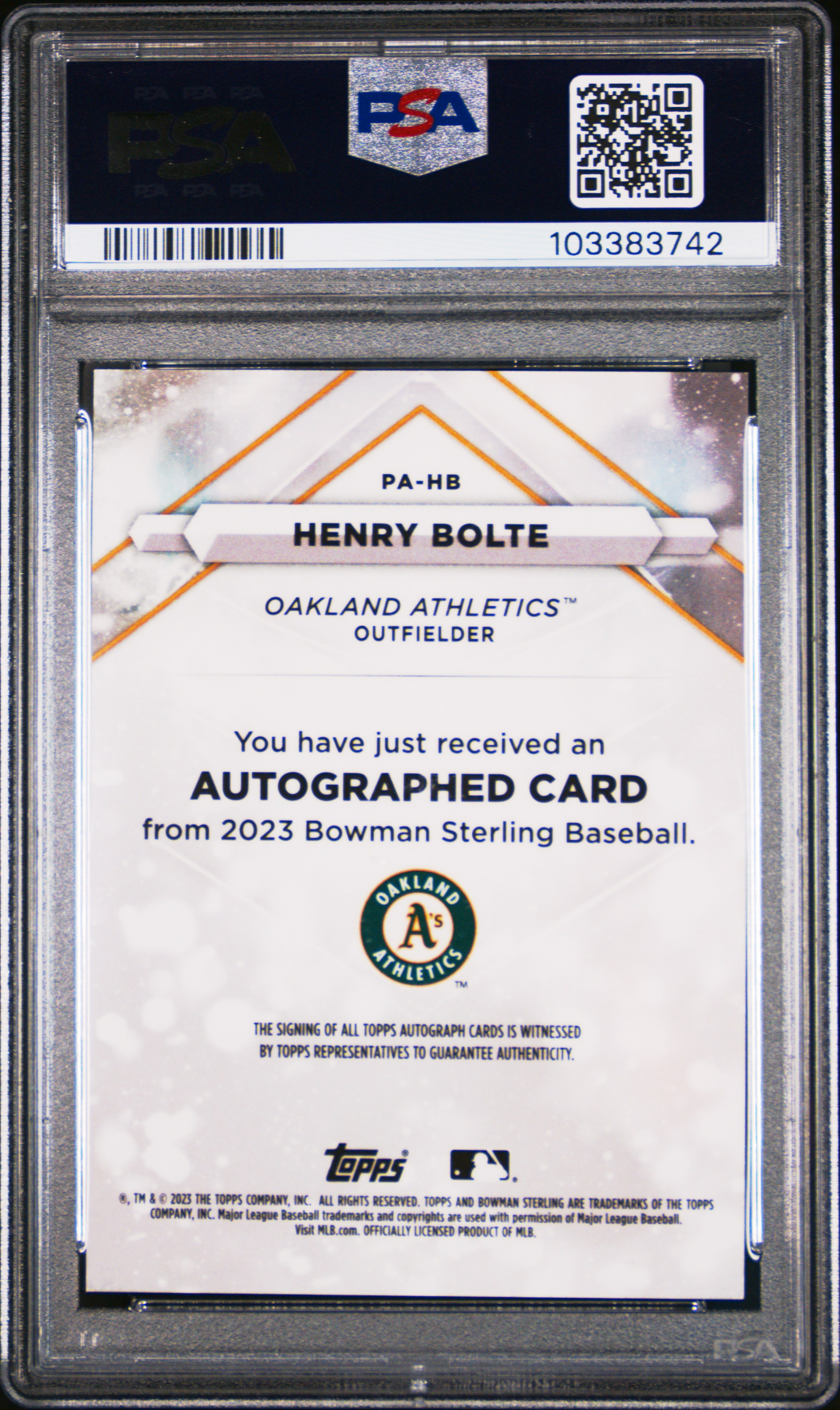 2023 Bowman Sterling Prospect Autographs Henry Bolte #Pahb Gem Mt 10 back