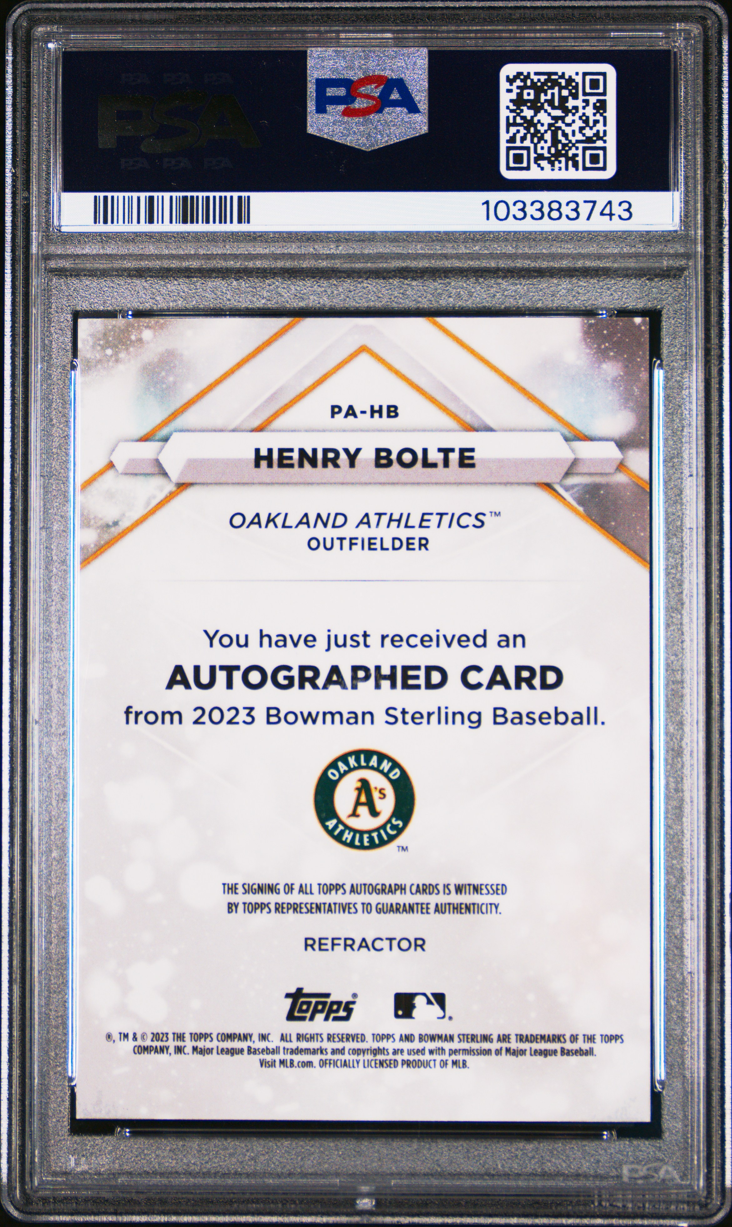 2023 Bowman Sterling Prospect Autographs Henry Bolte #Pahb (Prospect Auto-Refractor) Gem Mt 10 back