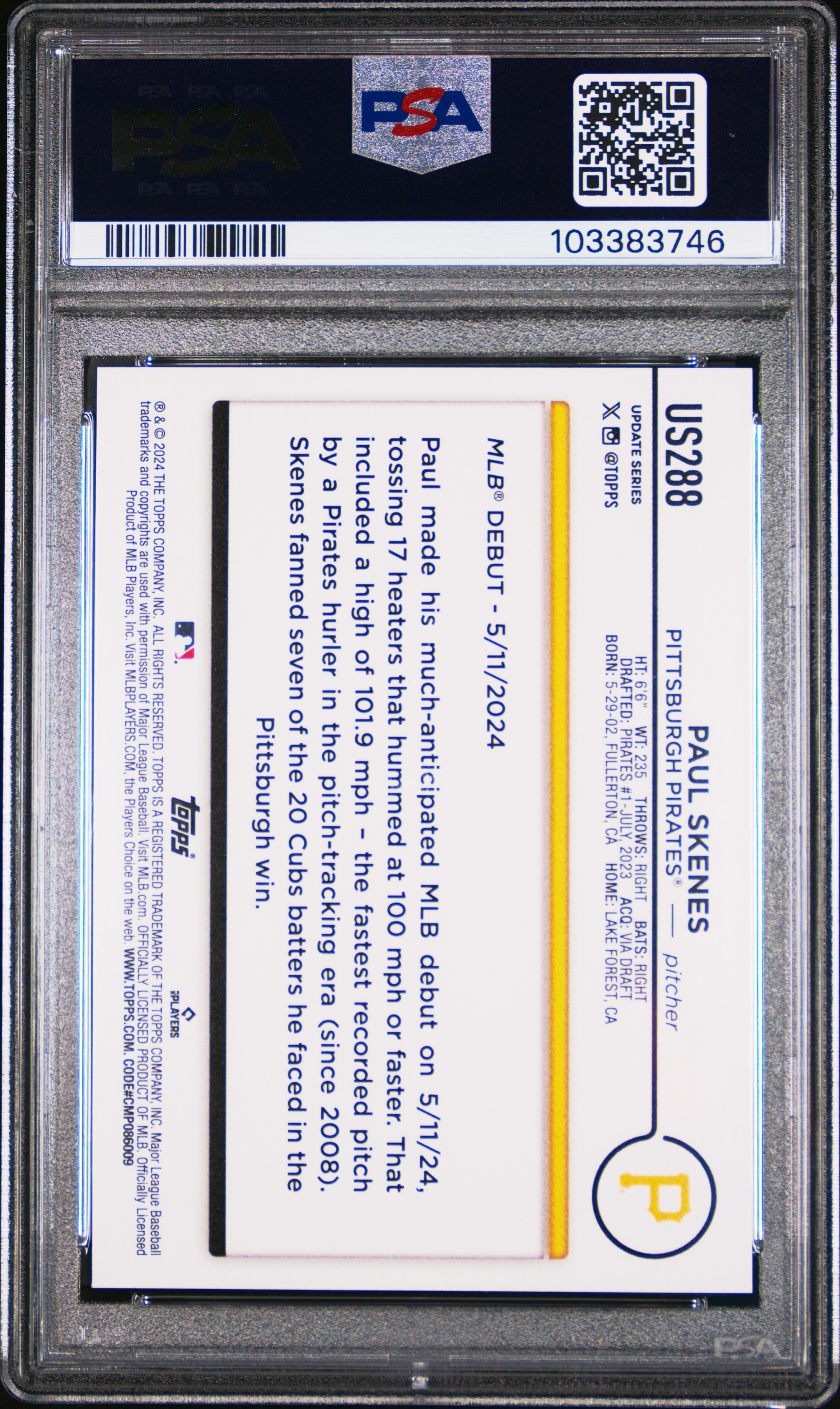 2024 Topps Update Paul Skenes #Us288 (Rainbow Foil) Mint 9 back