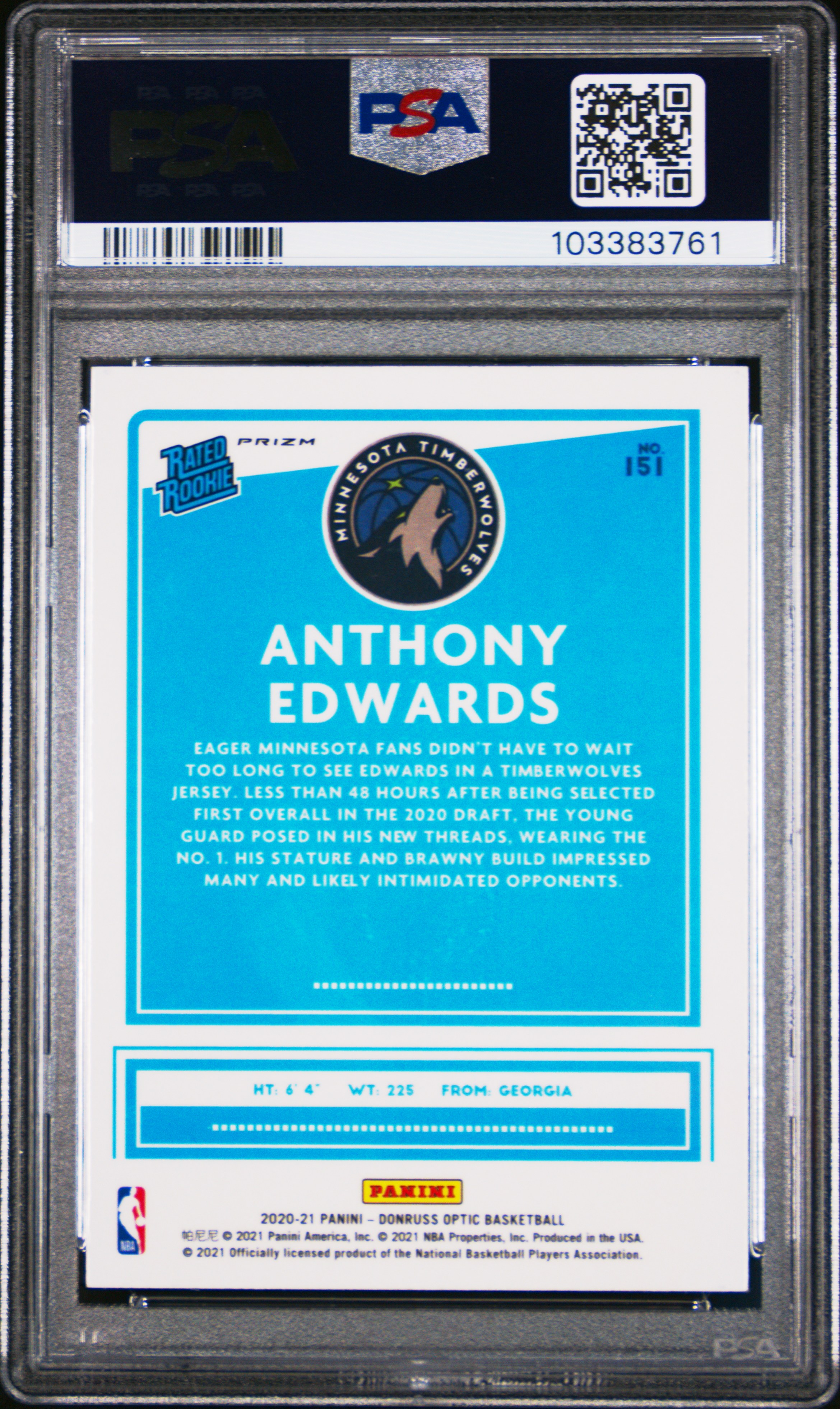 2020 Panini Donruss Optic Anthony Edwards #151 (Blue Velocity) Gem Mt 10 back