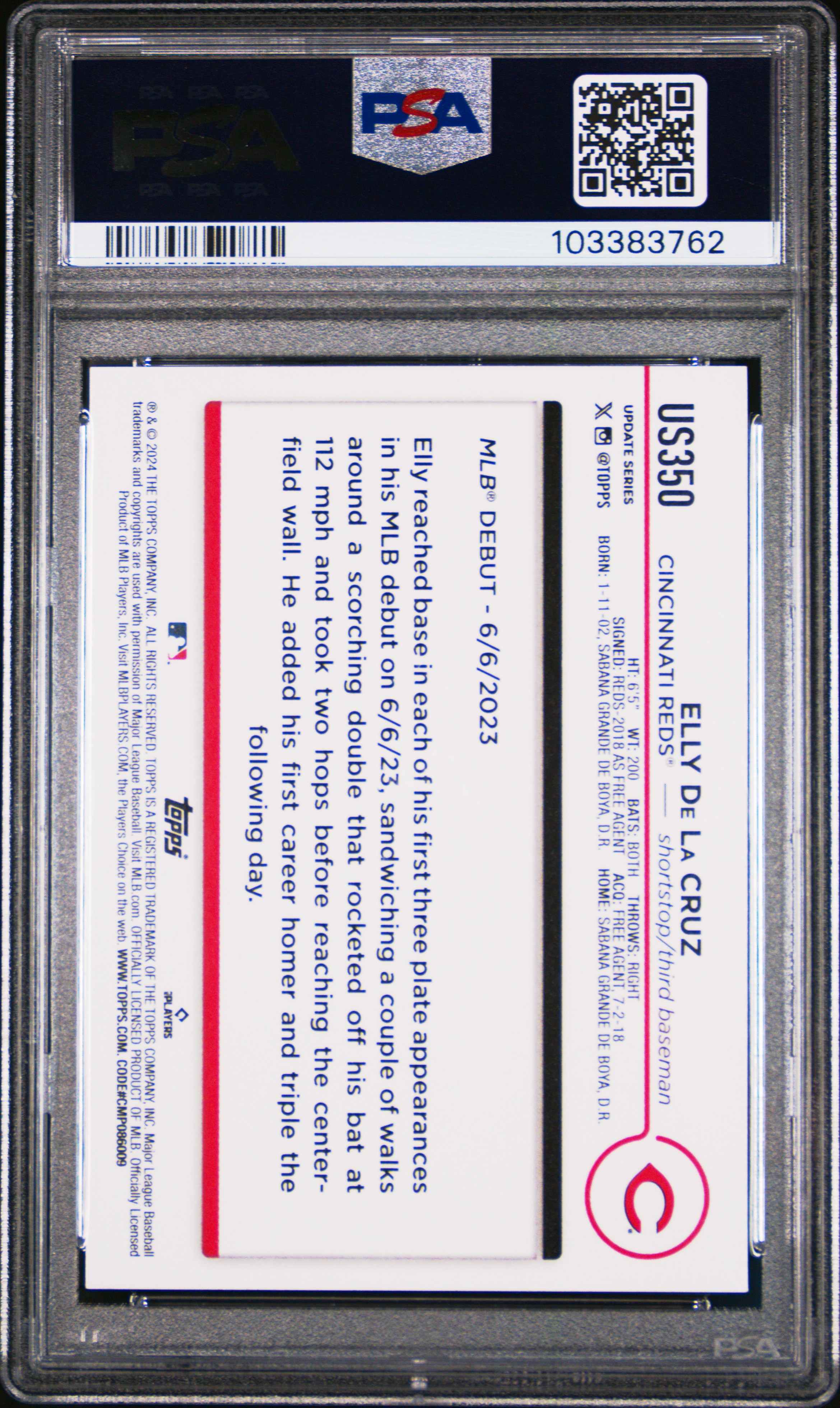 2024 Topps Update Elly De La Cruz #Us350 Gem Mt 10 back