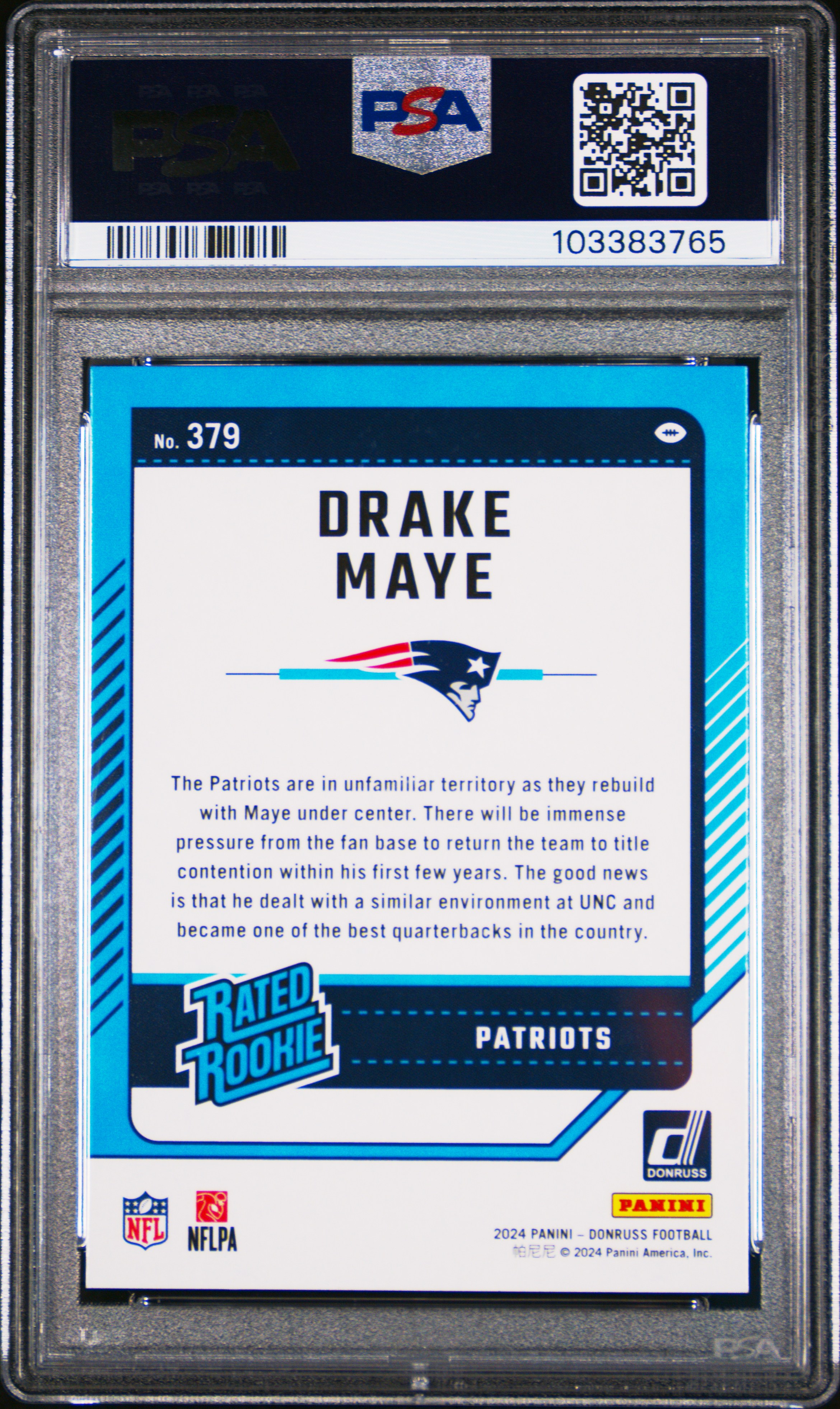 2024 Panini Donruss Drake Maye #379 Gem Mt 10 back
