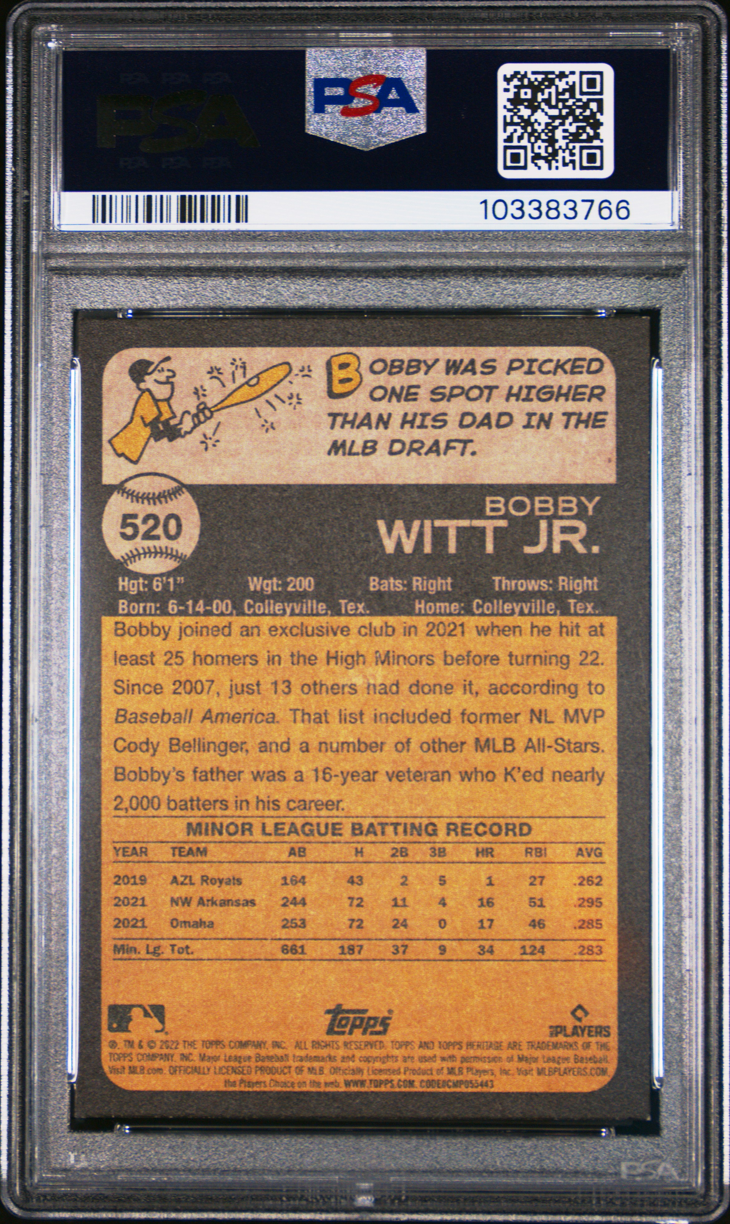 2022 Topps Heritage Bobby Witt Jr. #520 Mint 9 back