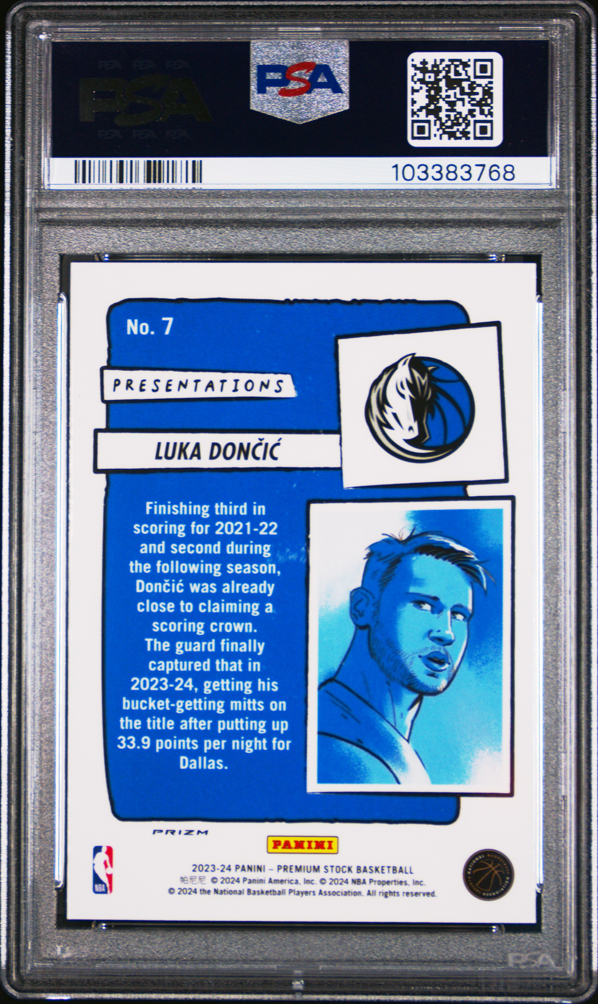 2023 Panini Hoops Premium Stock Presentations Luka Doncic #7 Gem Mt 10 back