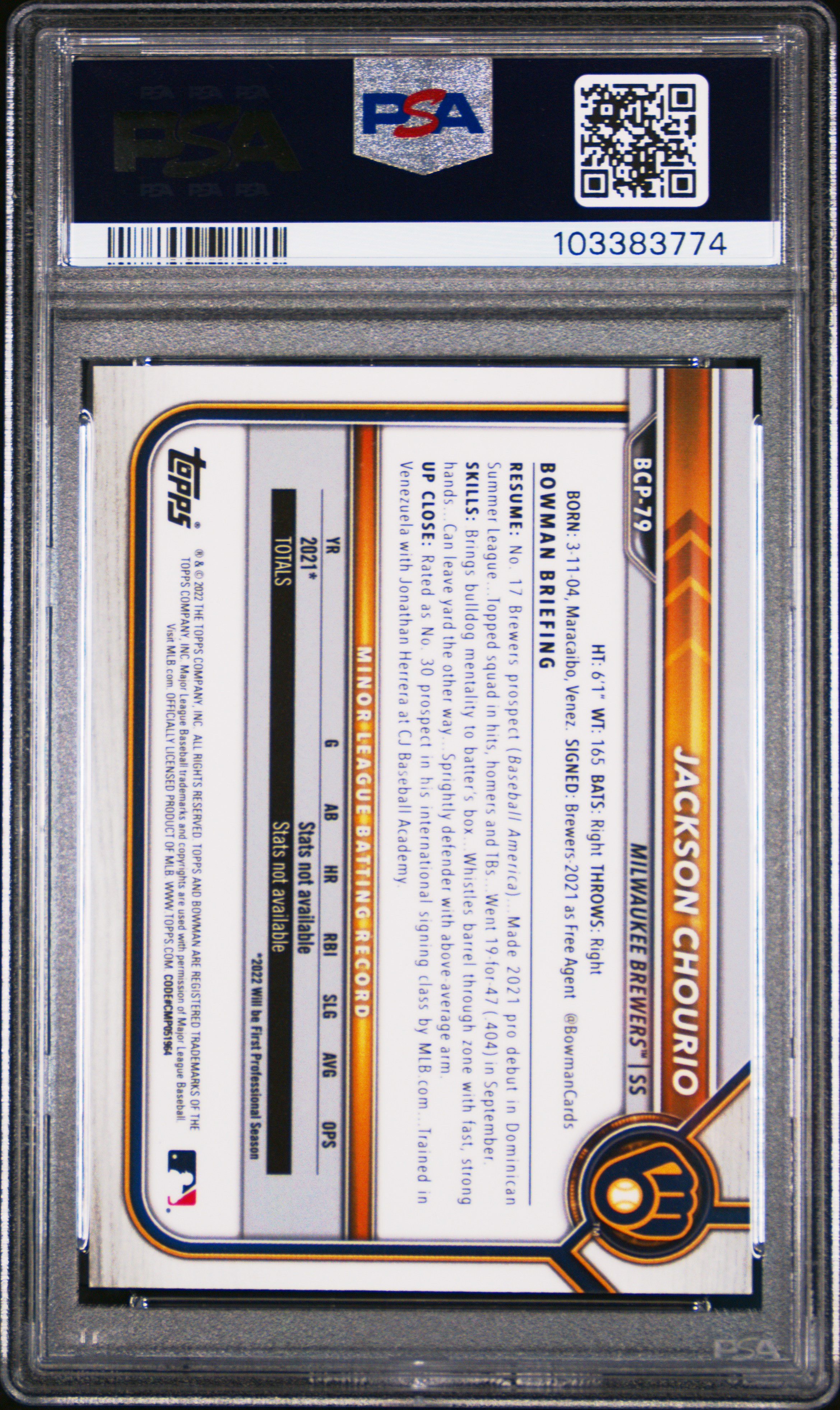 2022 Bowman Sapphire Edition Chrome Prospects Jackson Chourio #Bcp79 (Chrome Prospects-Aqua) Gem Mt 10 back