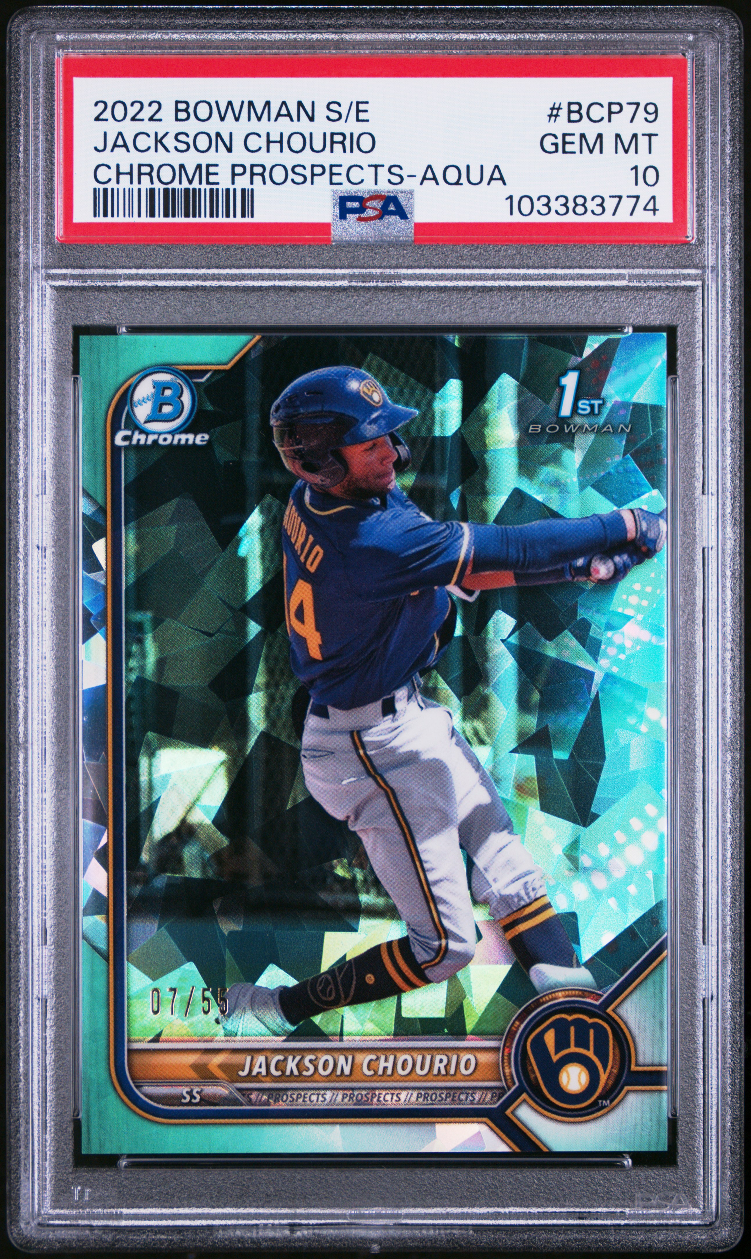 2022 Bowman Sapphire Edition Chrome Prospects Jackson Chourio #Bcp79 (Chrome Prospects-Aqua) Gem Mt 10 front