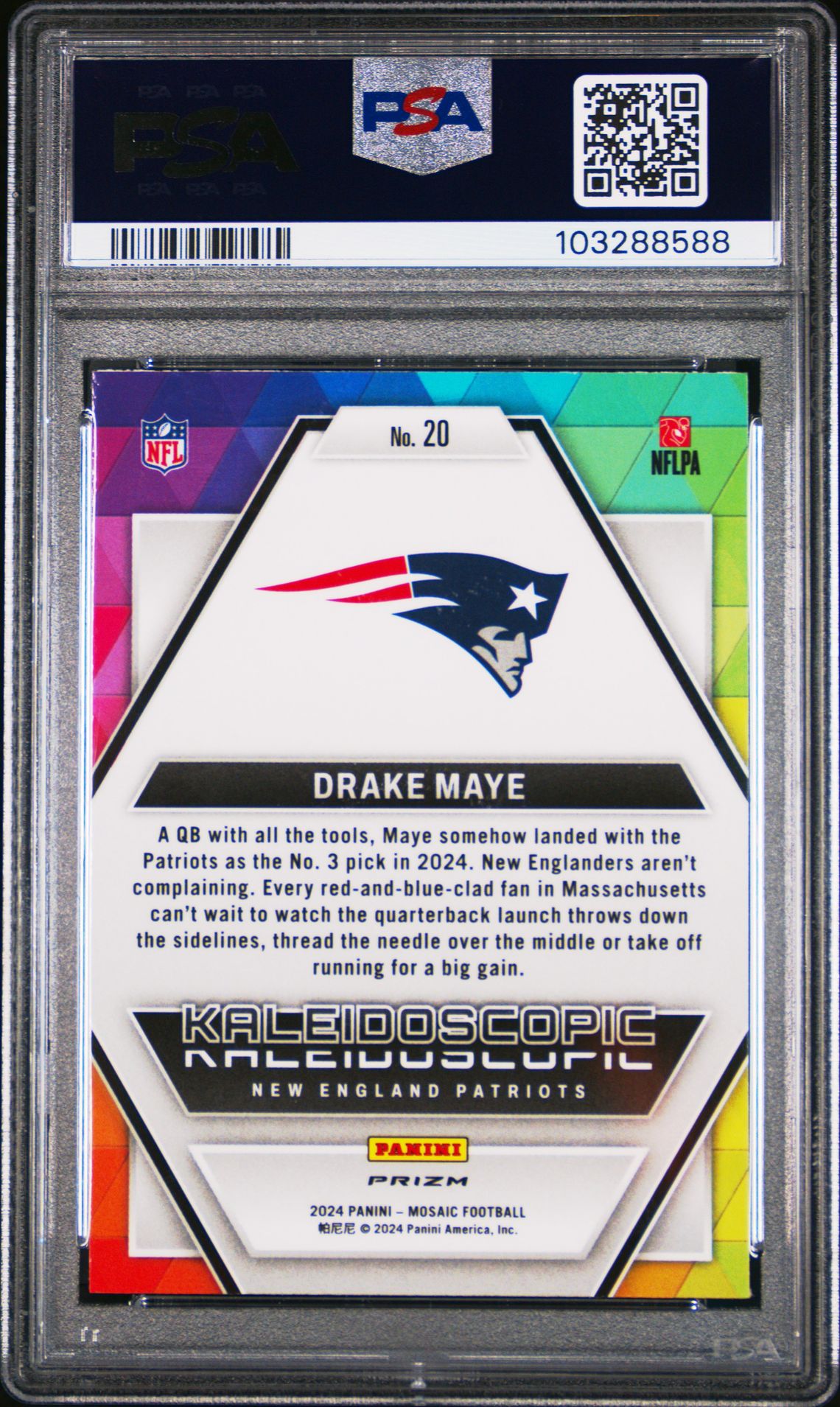 2024 Panini Mosaic Kaleidoscopic Drake Maye #20 Gem Mt 10 back view - PSA certificate #103288588