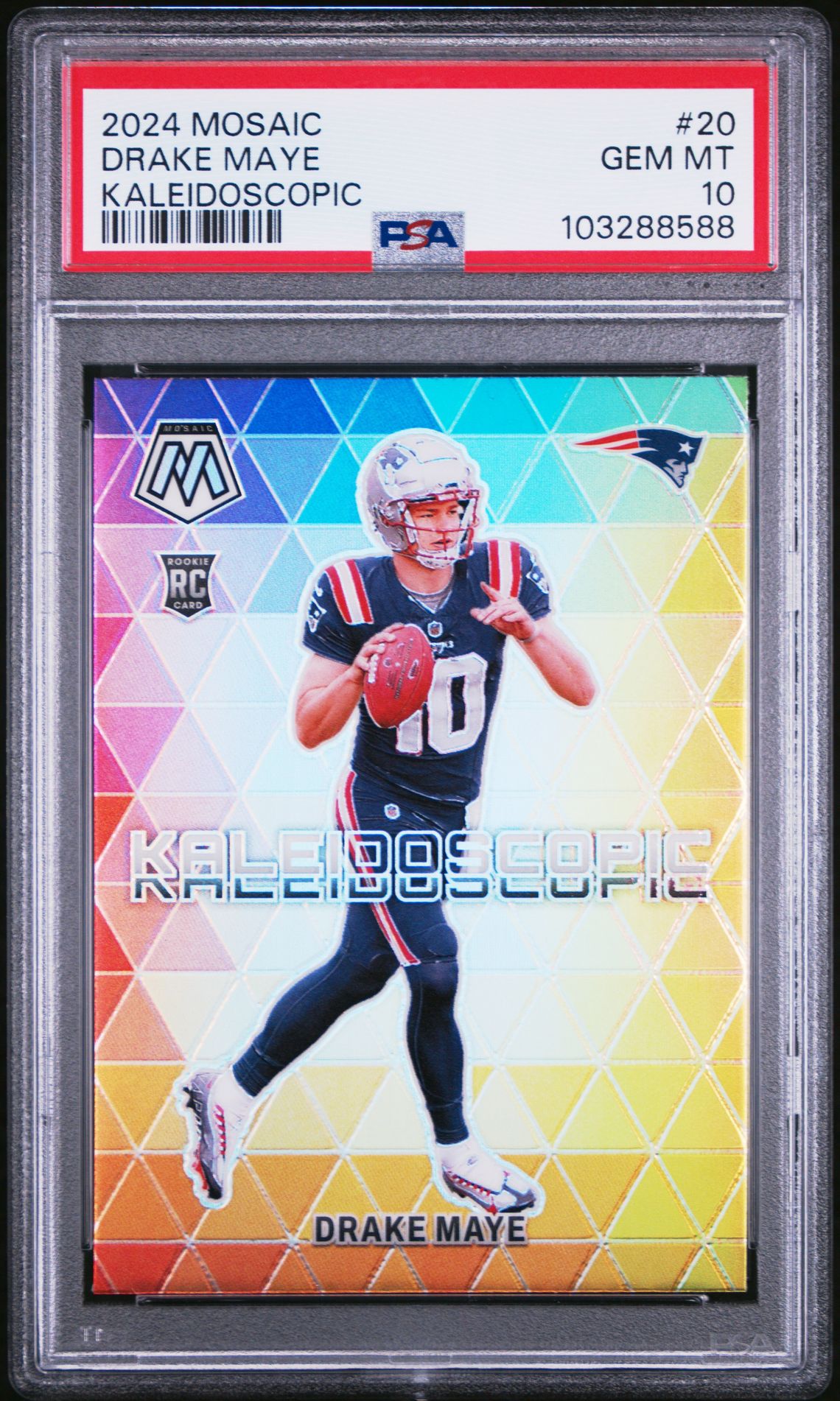 2024 Panini Mosaic Kaleidoscopic Drake Maye #20 Gem Mt 10 front view - PSA graded GEM MT 10