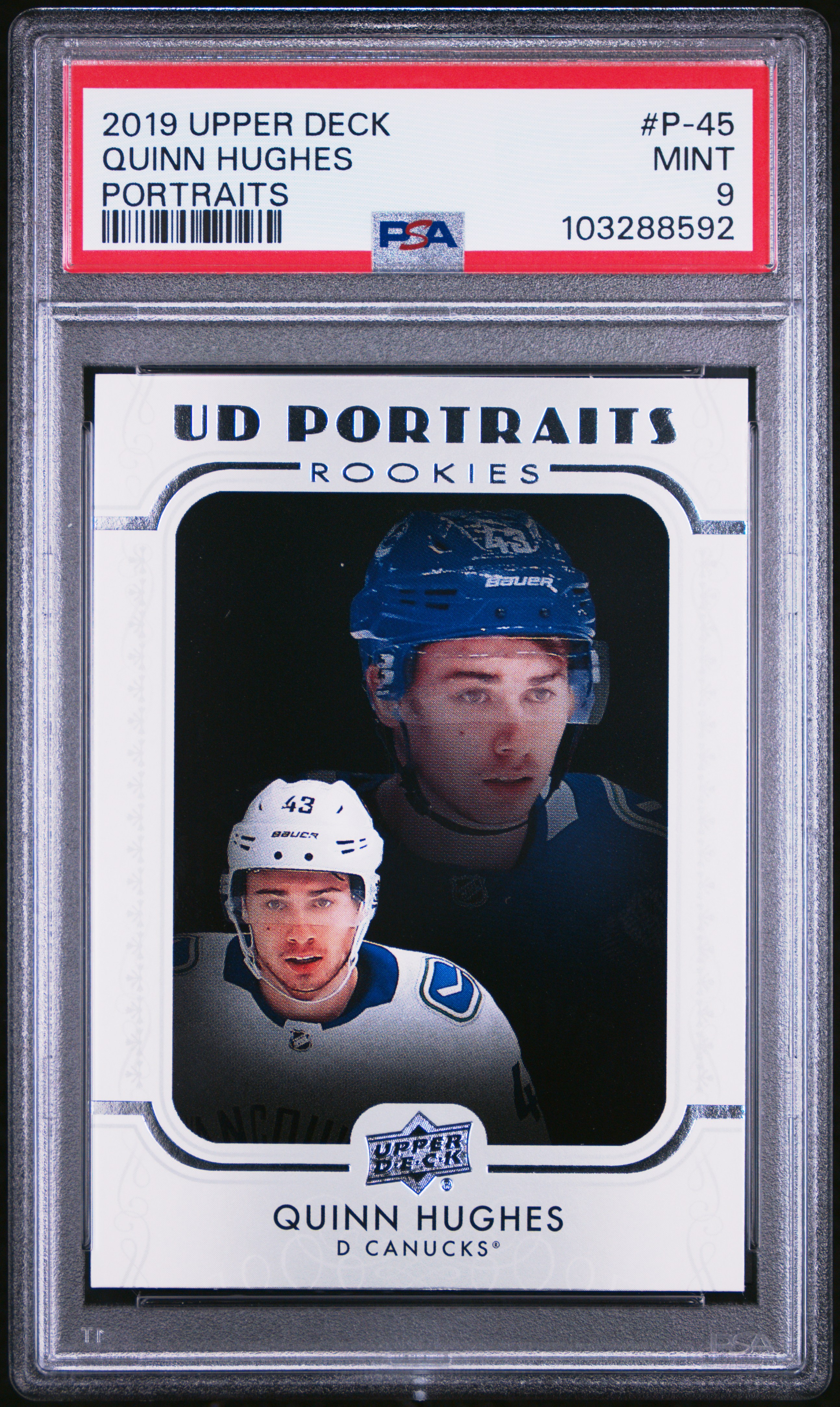 2019 Upper Deck Portraits Quinn Hughes #P-45 (Portraits) Mint 9 front