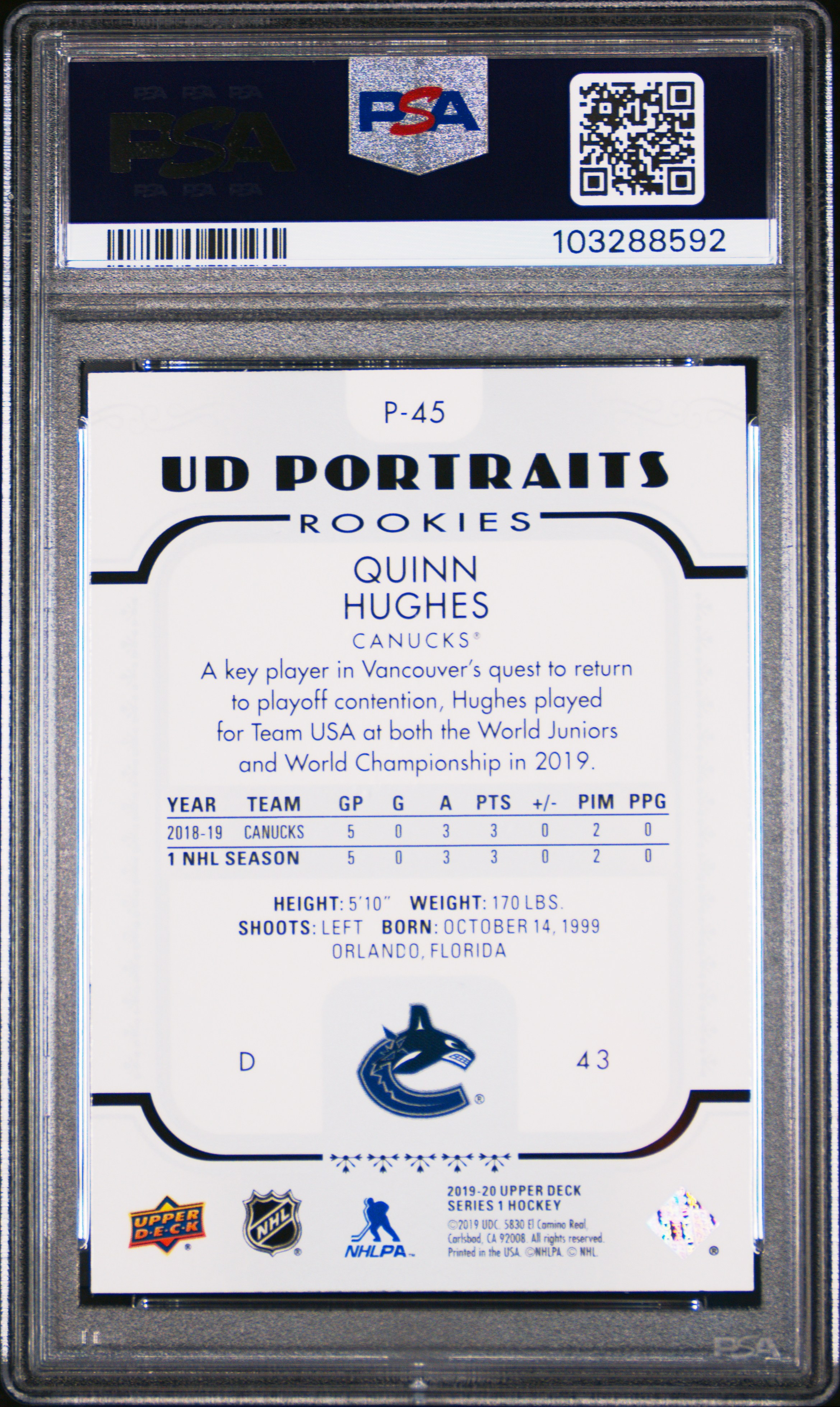2019 Upper Deck Portraits Quinn Hughes #P-45 (Portraits) Mint 9 back