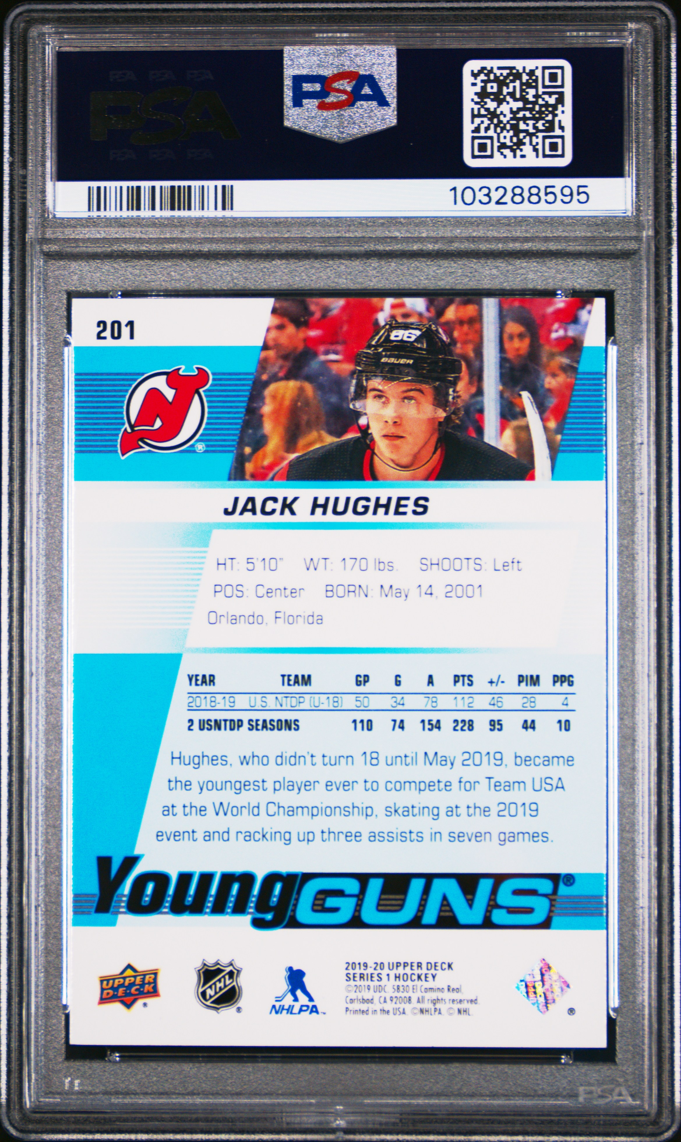 2019 Upper Deck Jack Hughes #201 Mint 9 back
