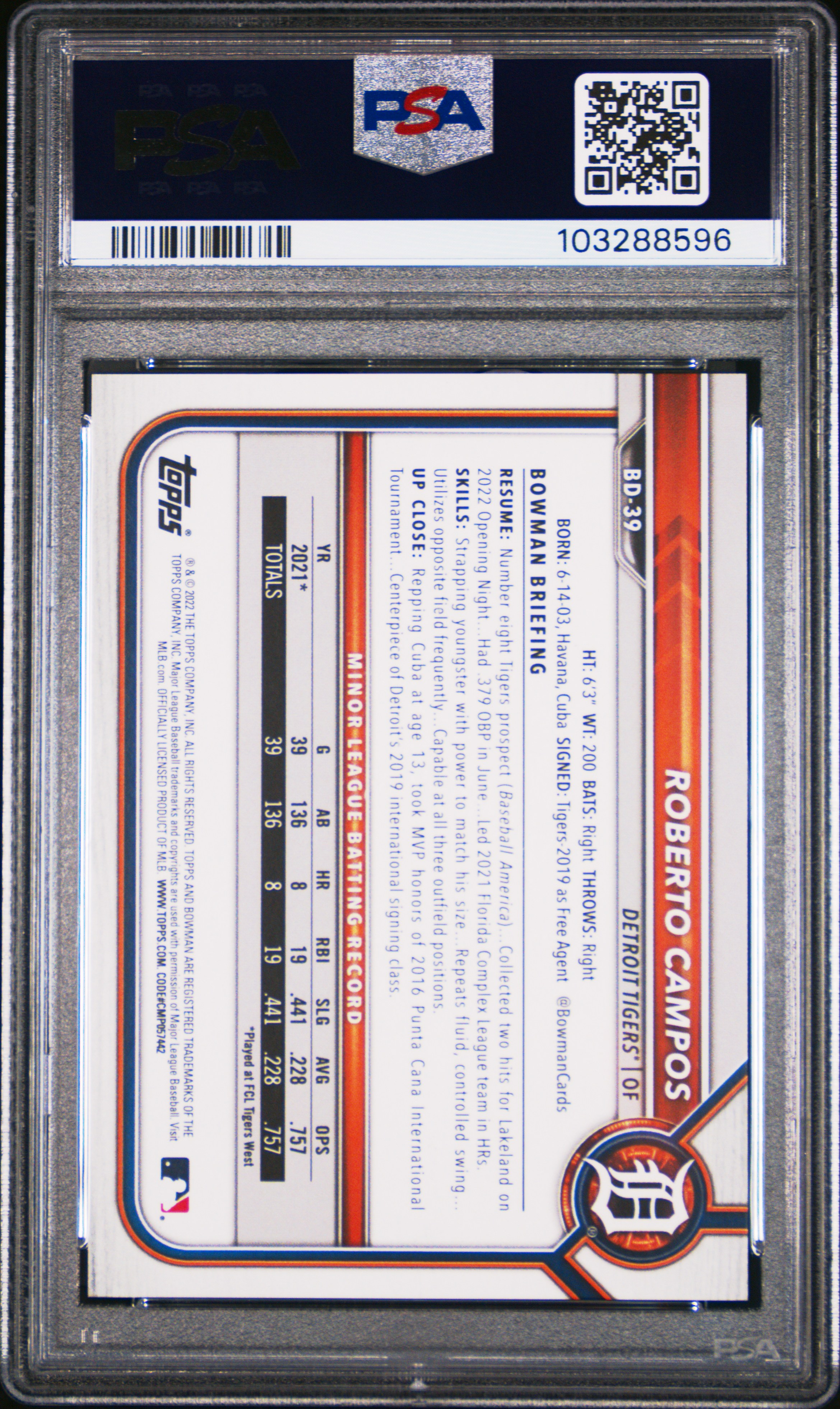 2022 Bowman Draft 1St Edition Roberto Campos #39 (Red Foil) Gem Mt 10 back