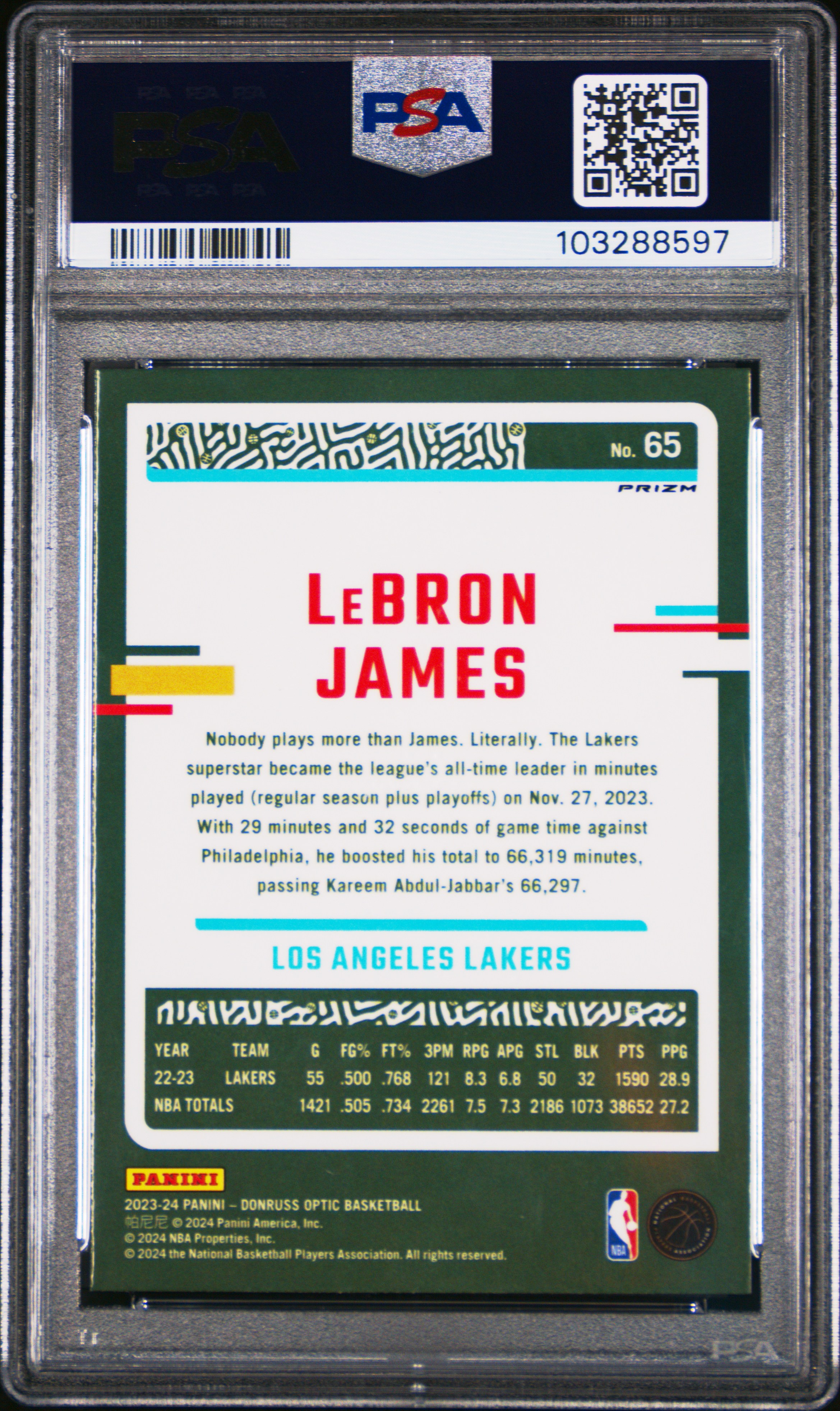 2023 Panini Donruss Optic Lebron James #65 (Hyper Pink) Gem Mt 10 back