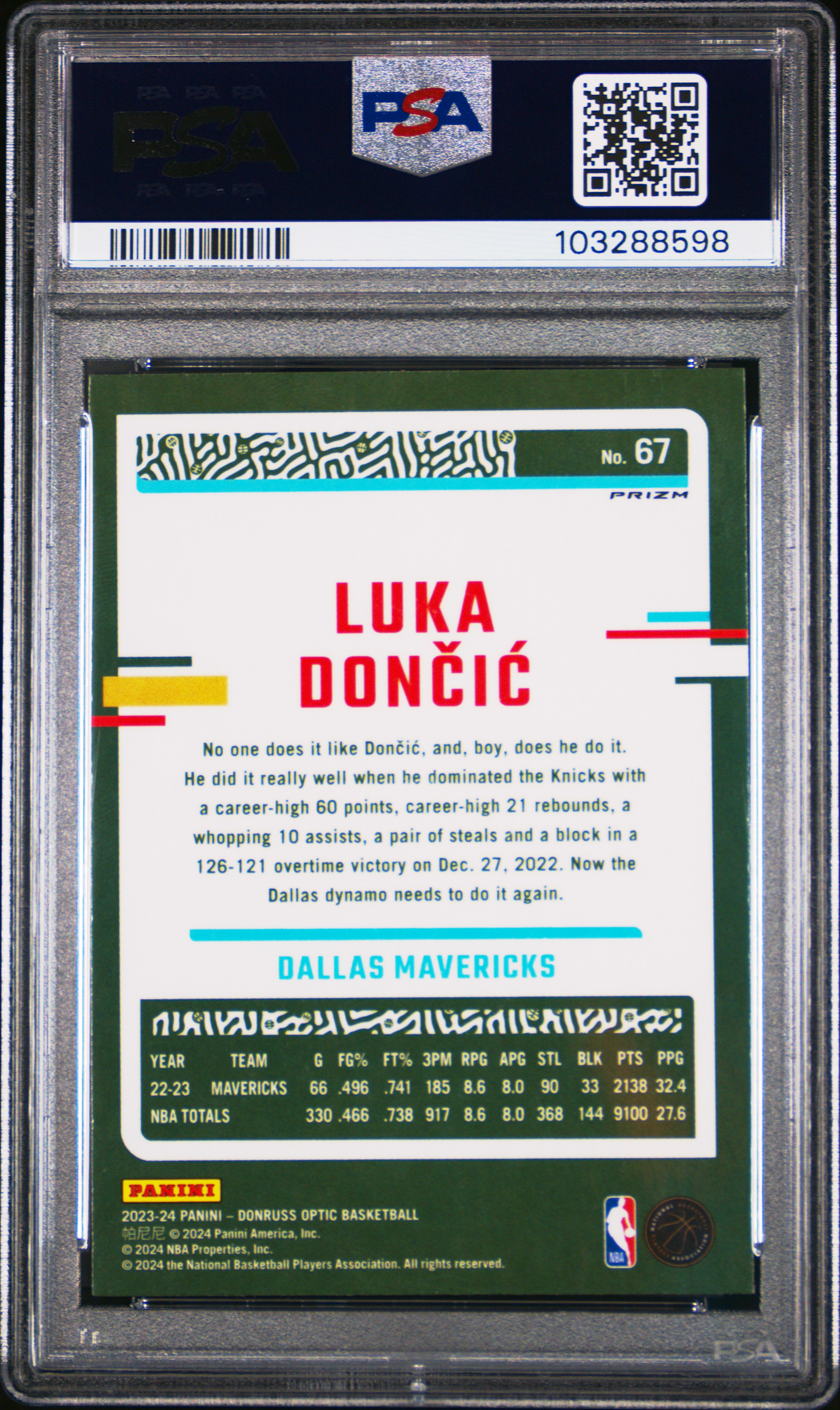 2023 Panini Donruss Optic Luka Doncic #67 (Holo) Mint 9 back