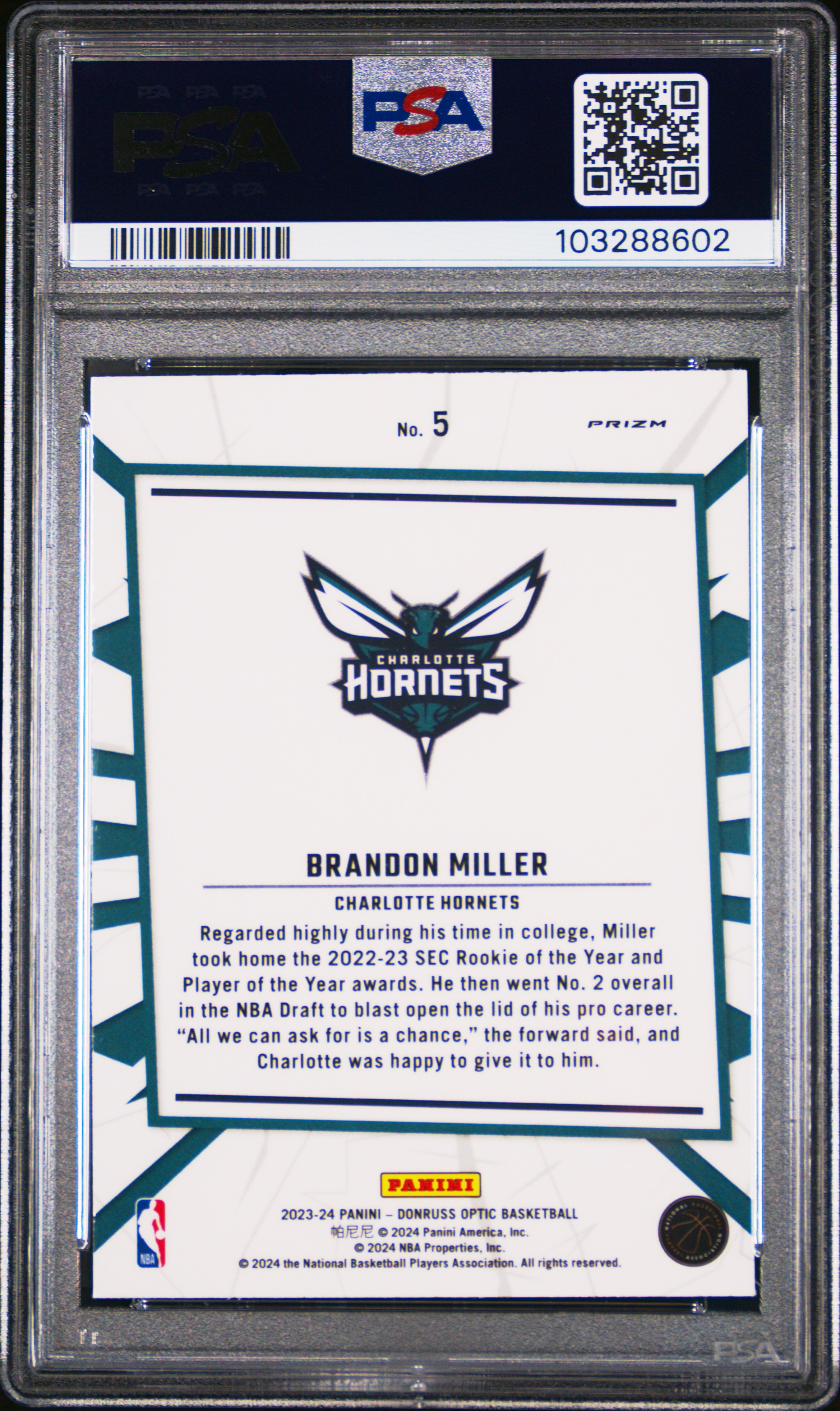 2023 Panini Donruss Optic My House Brandon Miller #5 (My House-Purple) Gem Mt 10 back