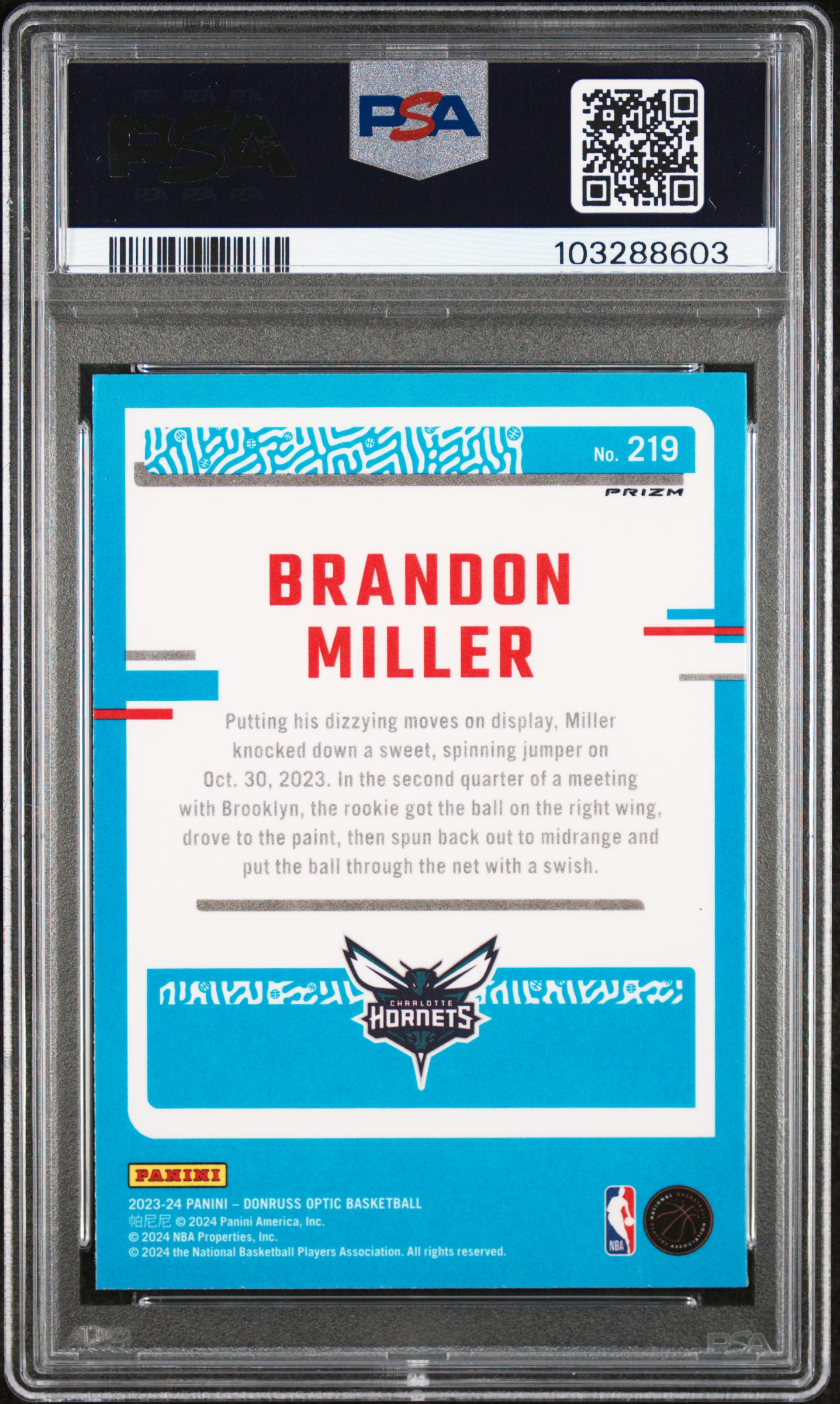 2023 Panini Donruss Optic Brandon Miller #219 (Holo) Mint 9 back