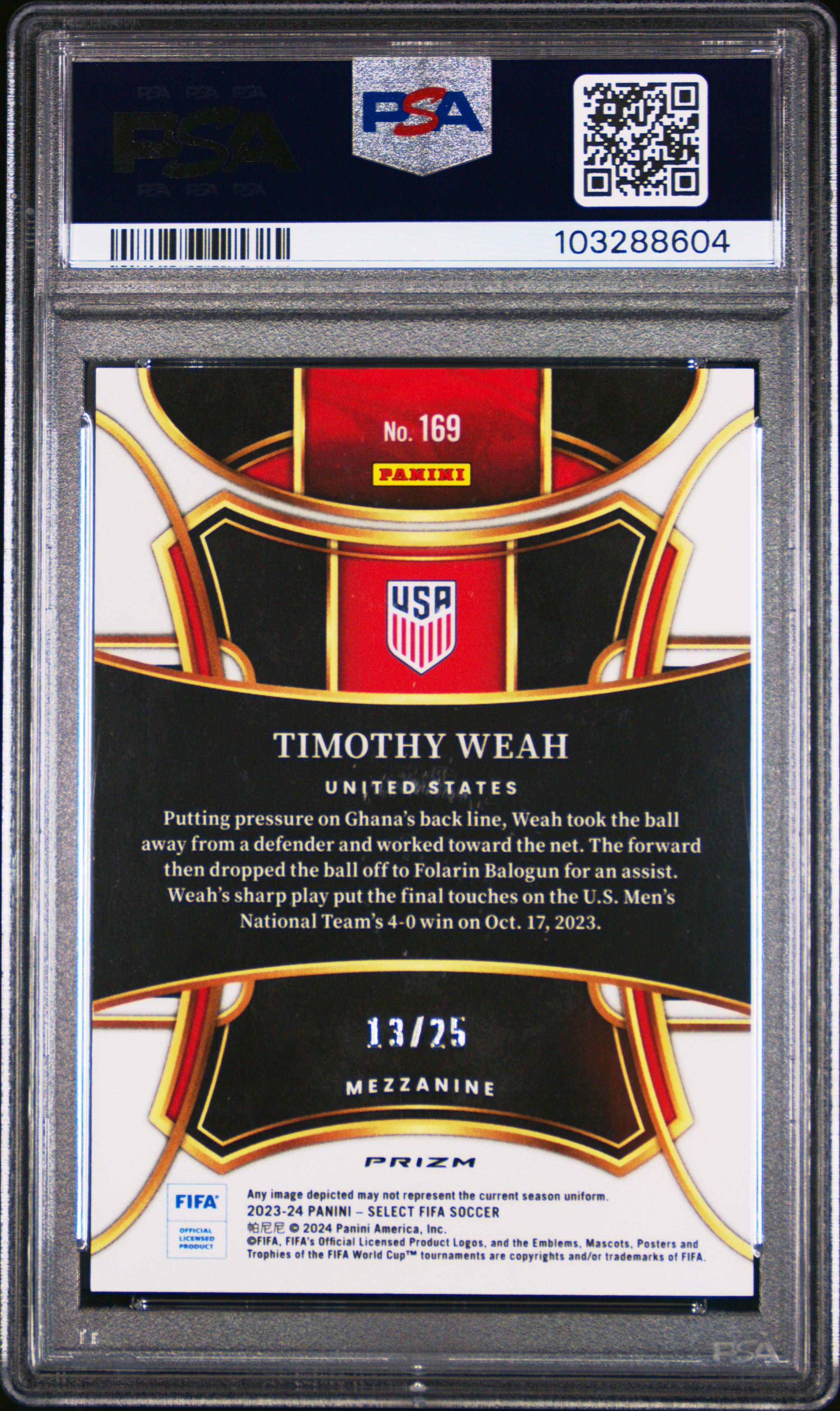 2023-24 Panini Select Fifa Timothy Weah #169 (Zebra) Gem Mt 10 back