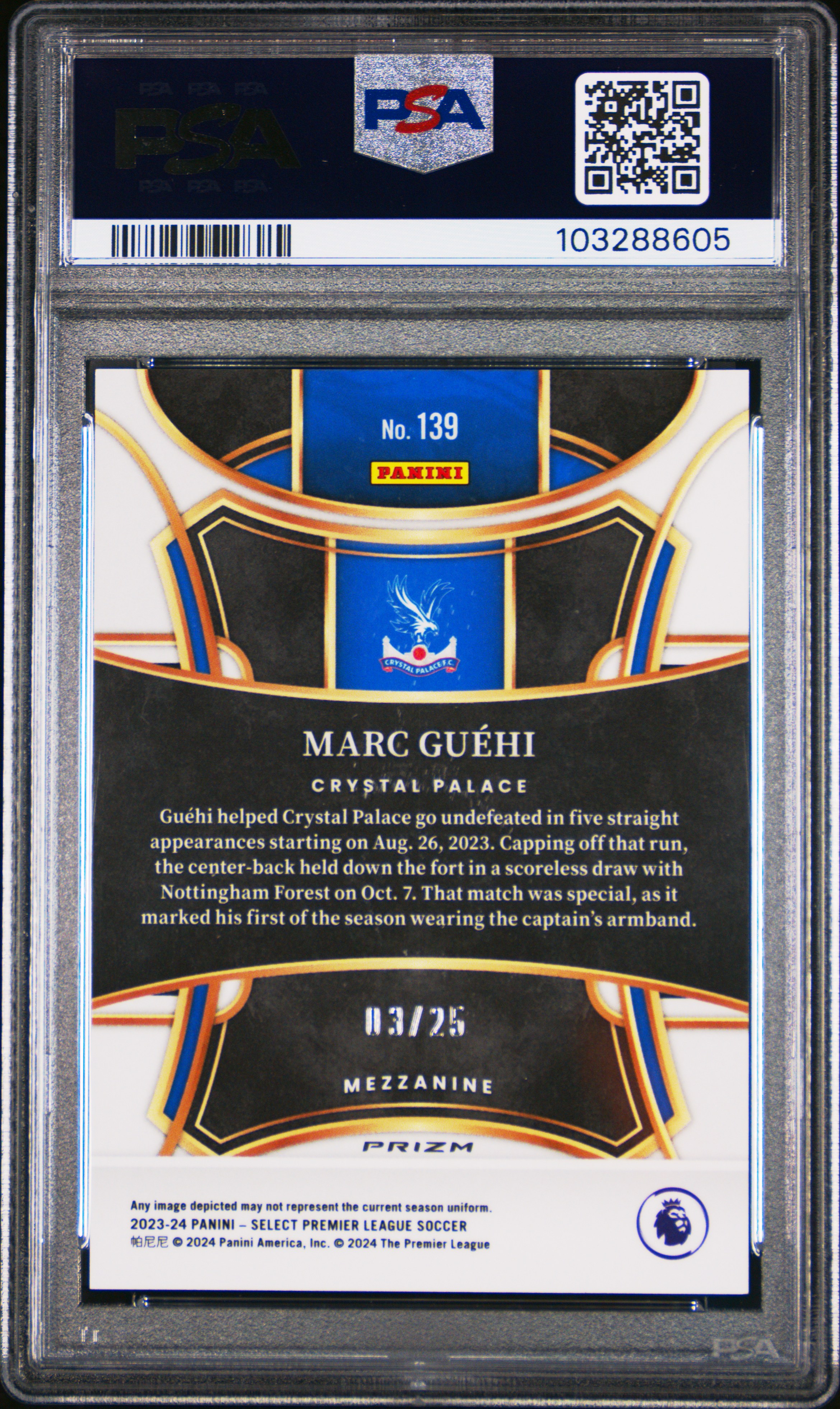 2023-24 Panini Select Premier League Marc Guehi #139 (Zebra) Gem Mt 10 back