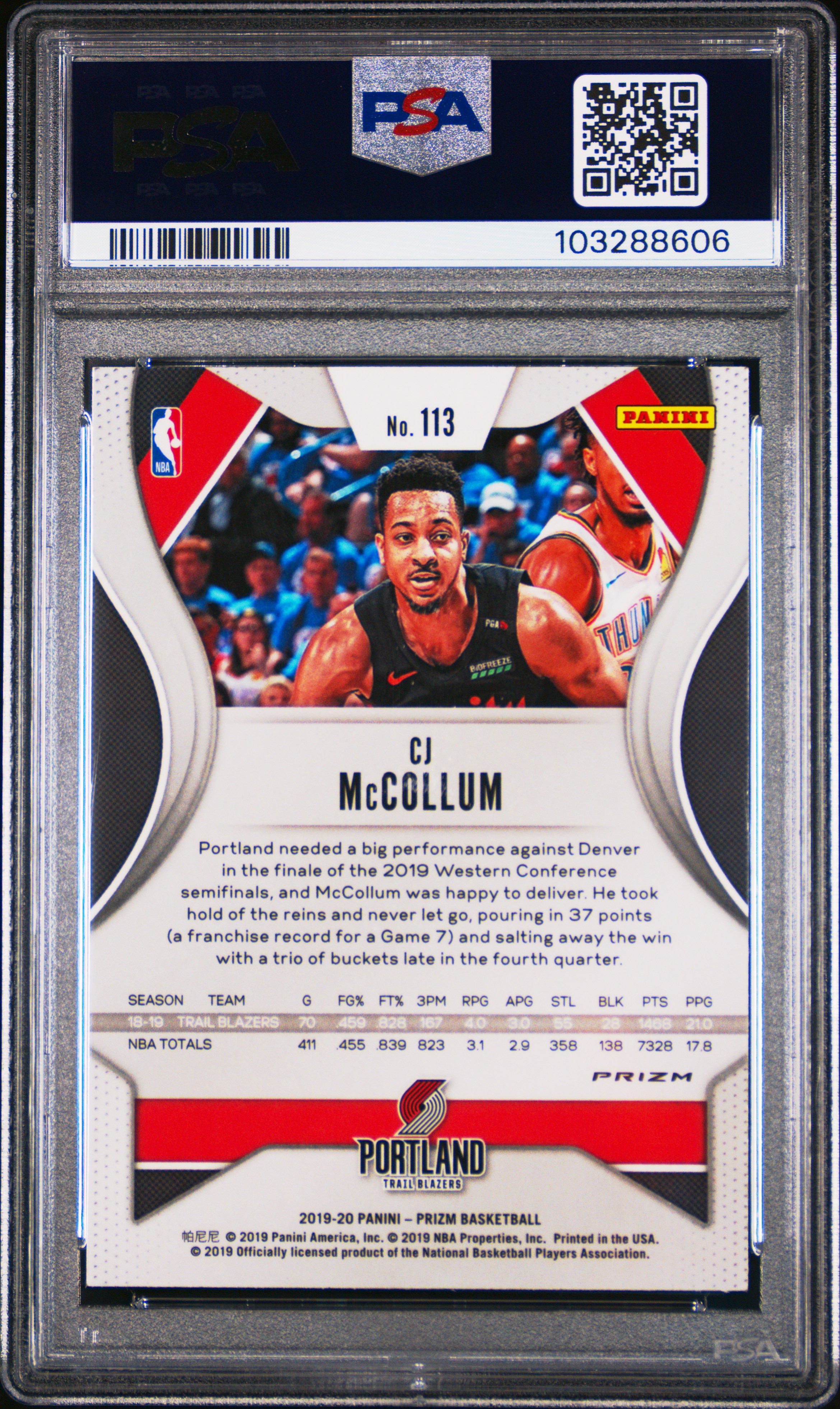2019 Panini Prizm Cj Mccollum #113 (Choice Prizm-Tiger Stripe) Gem Mt 10 back