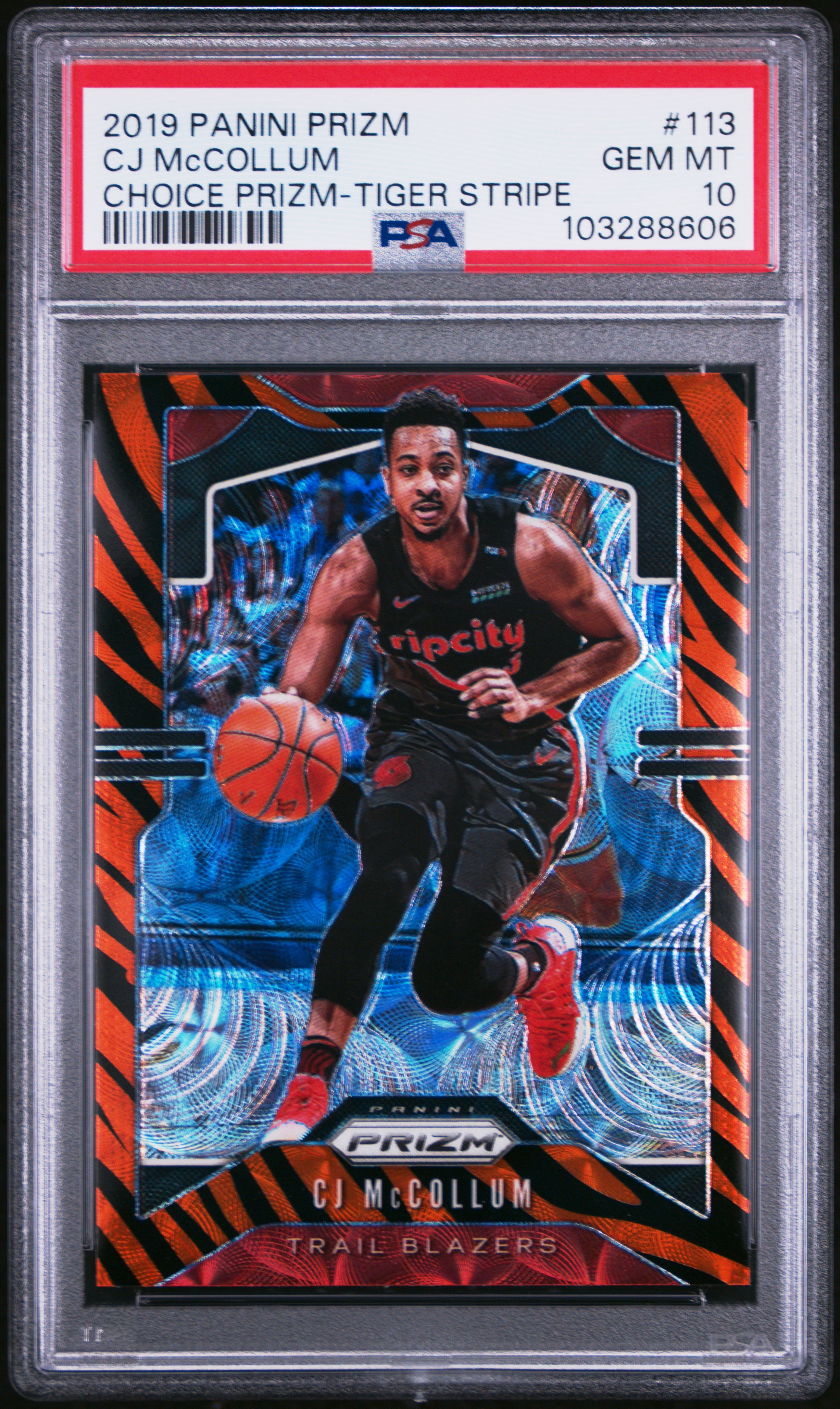 2019 Panini Prizm Cj Mccollum #113 (Choice Prizm-Tiger Stripe) Gem Mt 10 front