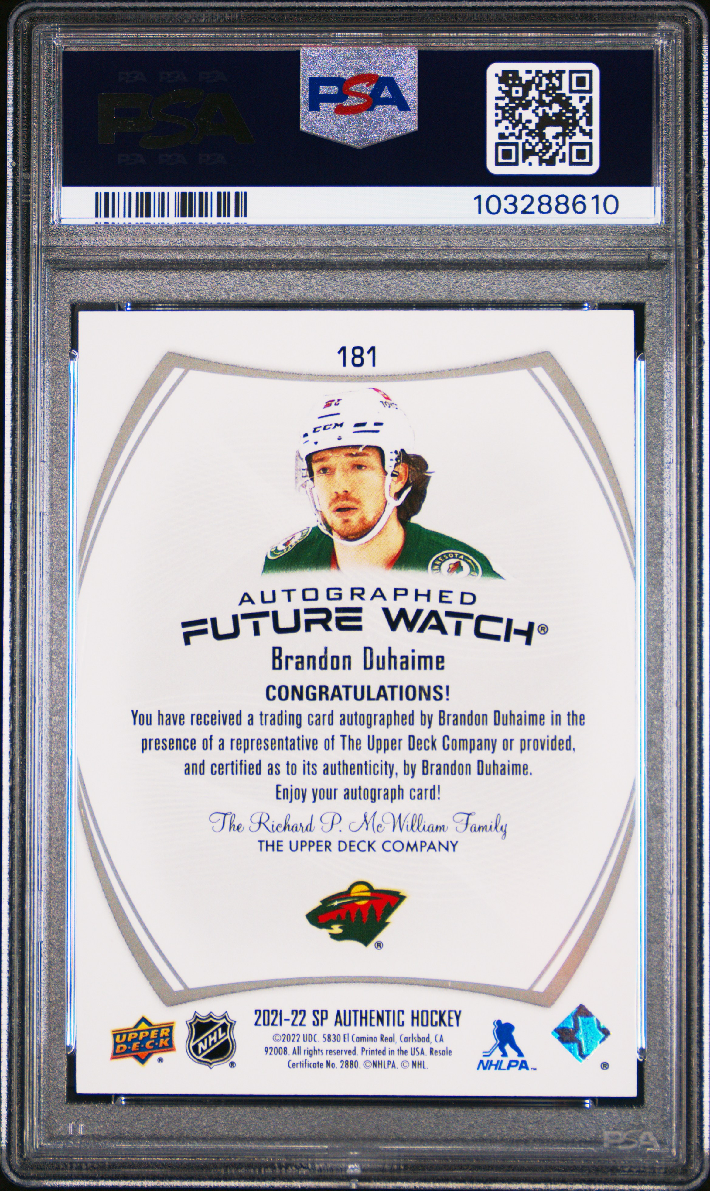 2021 Sp Authentic Brandon Duhaime #181 (Autograph Inscription) Gem Mt 10 back