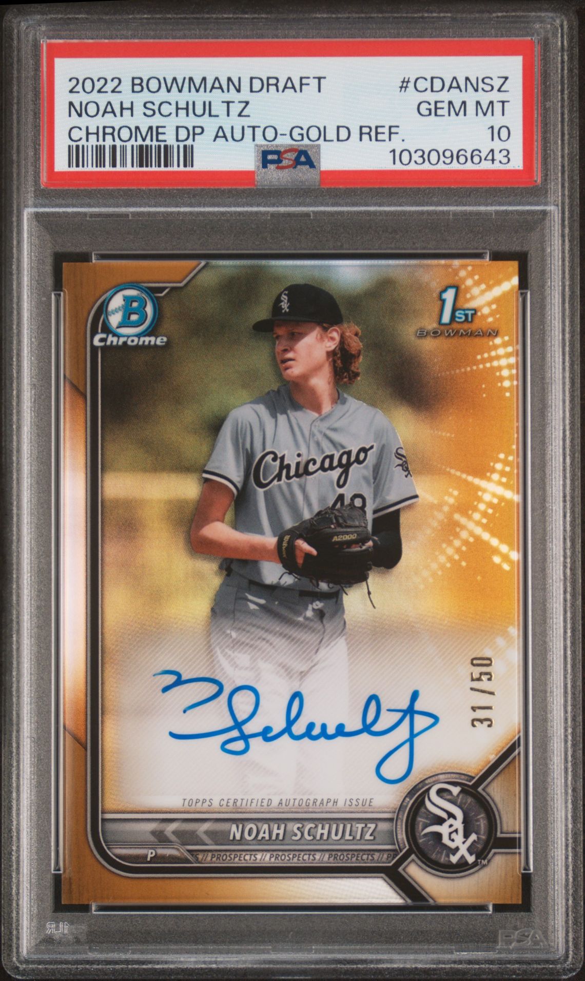 2022 Bowman Bowman 1st Edition CHROME DP AUTO-GOLD REF. #CDANSZ Noah Schultz front