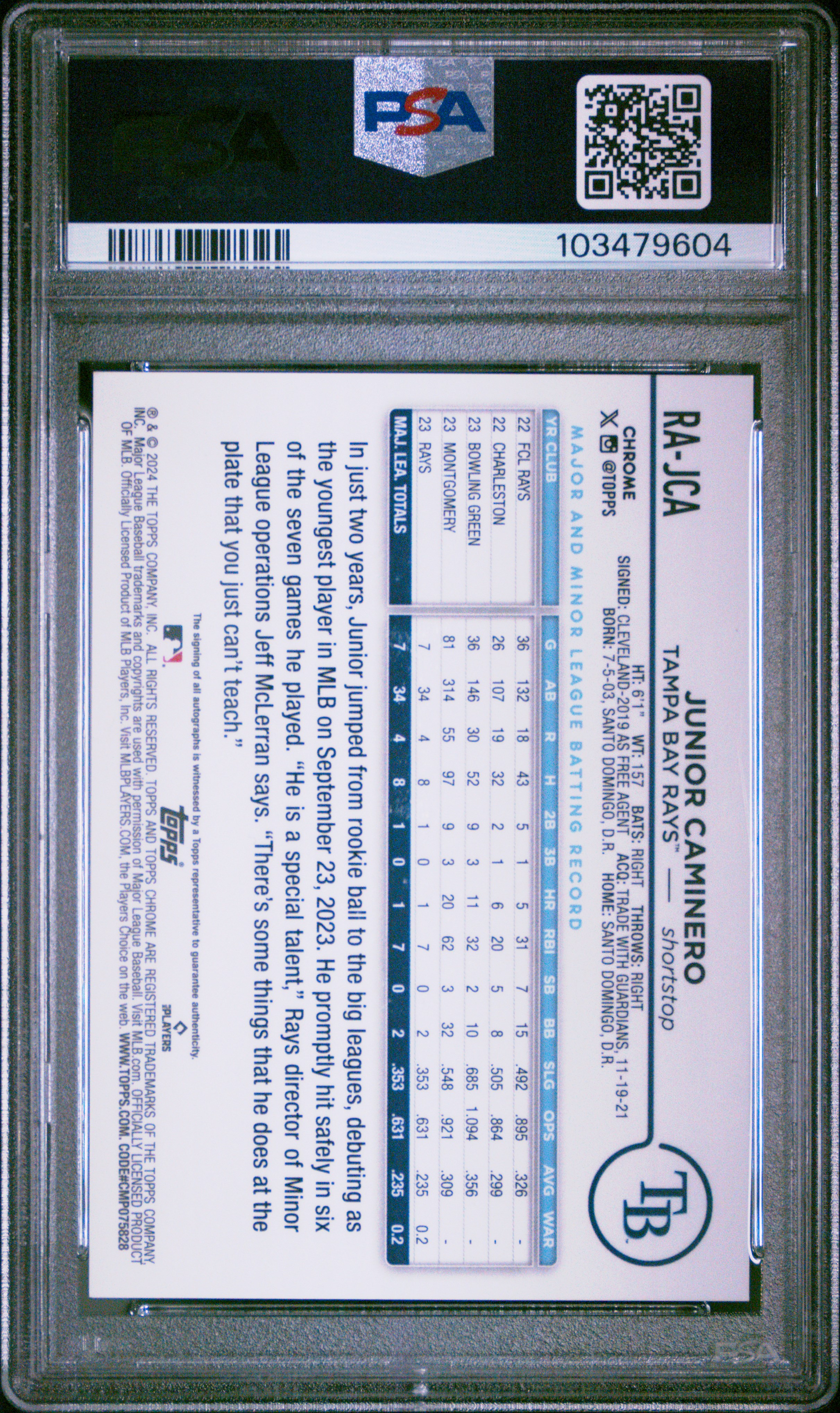 2024 Topps Chrome Rookie Autographs Junior Caminero #Rajca Gem Mt 10 back