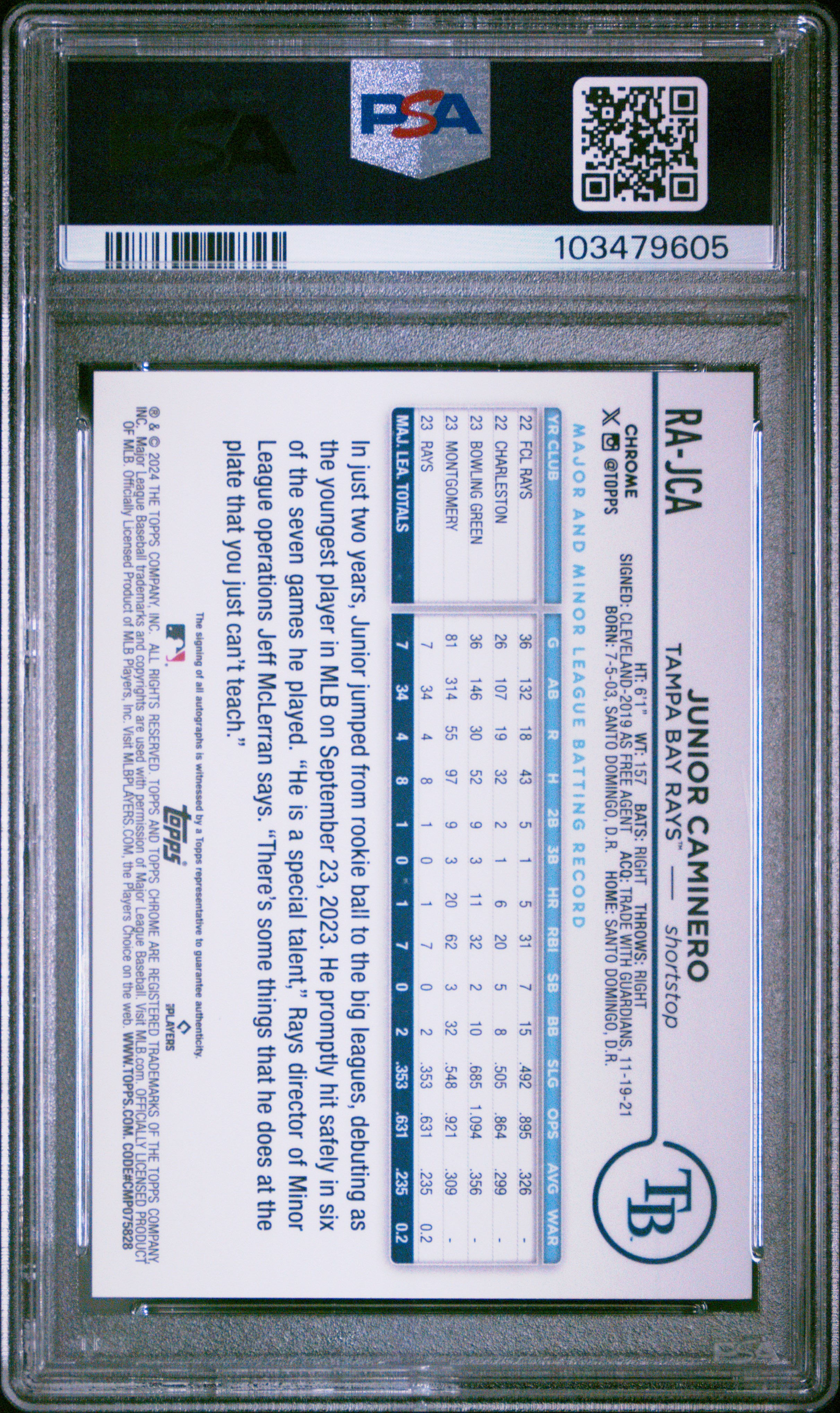 2024 Topps Chrome Rookie Autographs Junior Caminero #Rajca Gem Mt 10 back