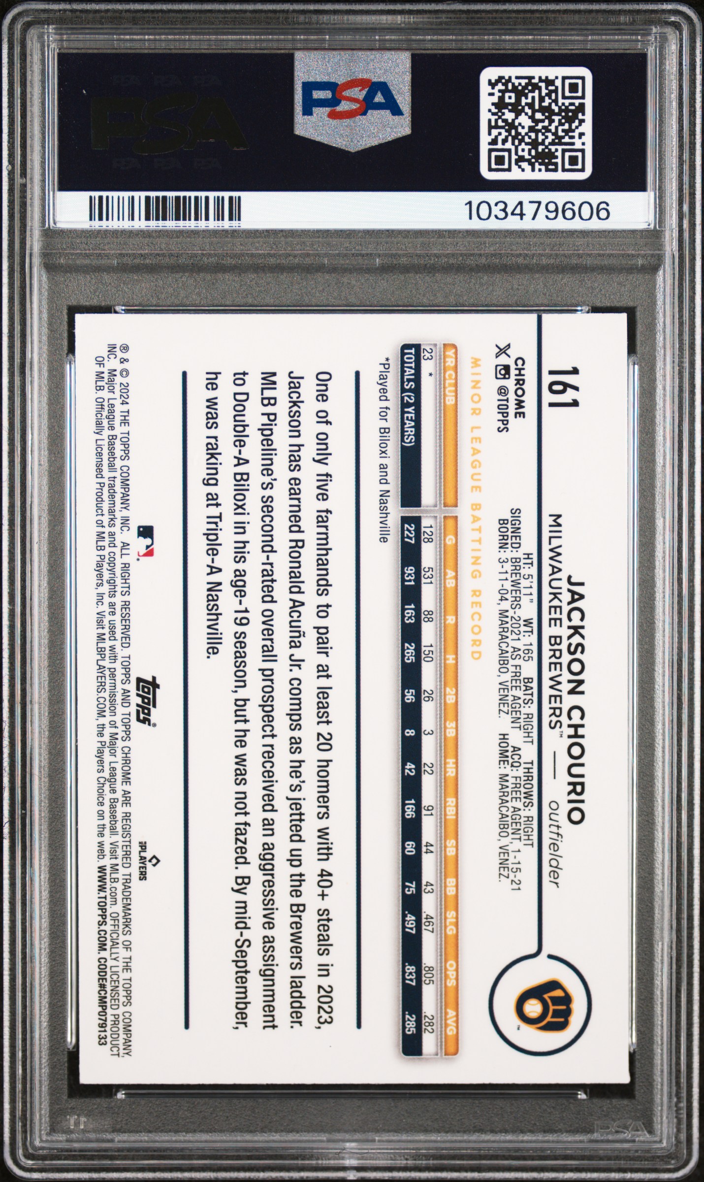 2024 Topps Chrome Logofractor Edition Jackson Chourio #161 (Purple Refractor) Mint 9 back