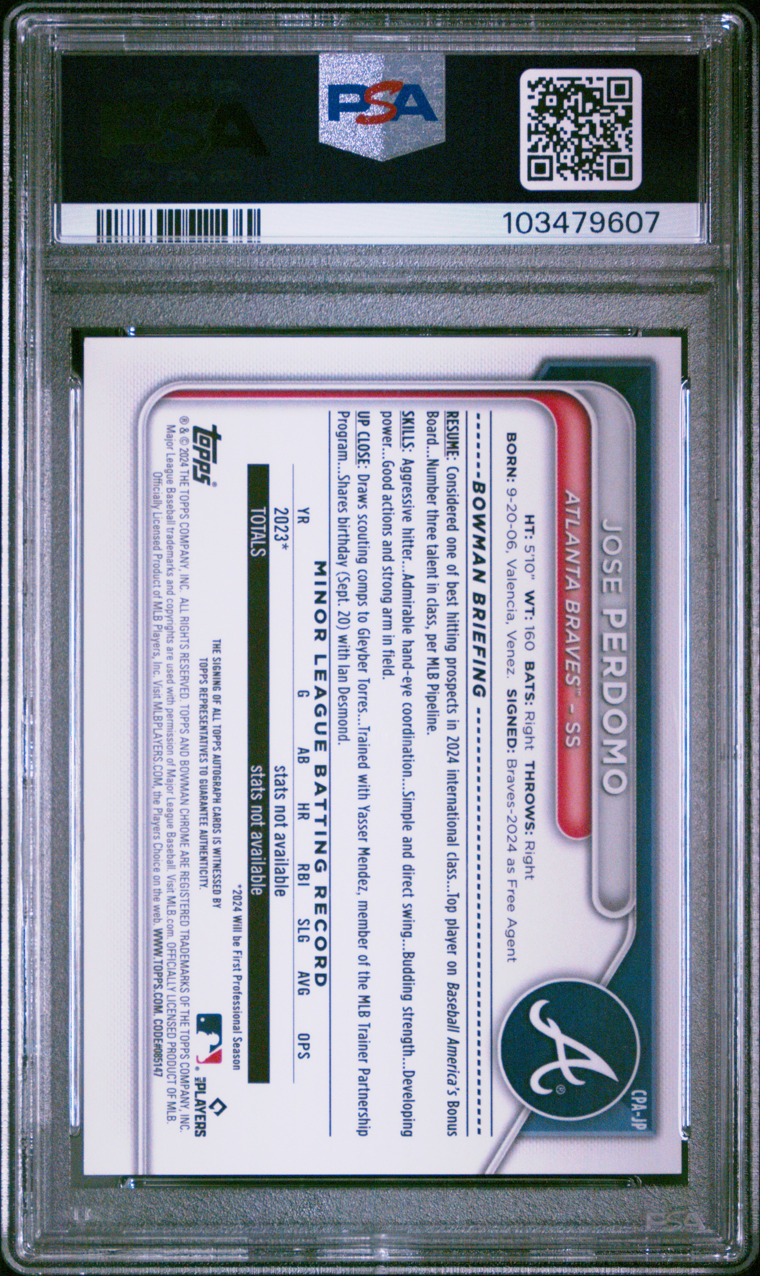 2024 Bowman Chrome Prospect Autographs Jose Perdomo #Cpajp (Prospect Autograph) Gem Mt 10 back