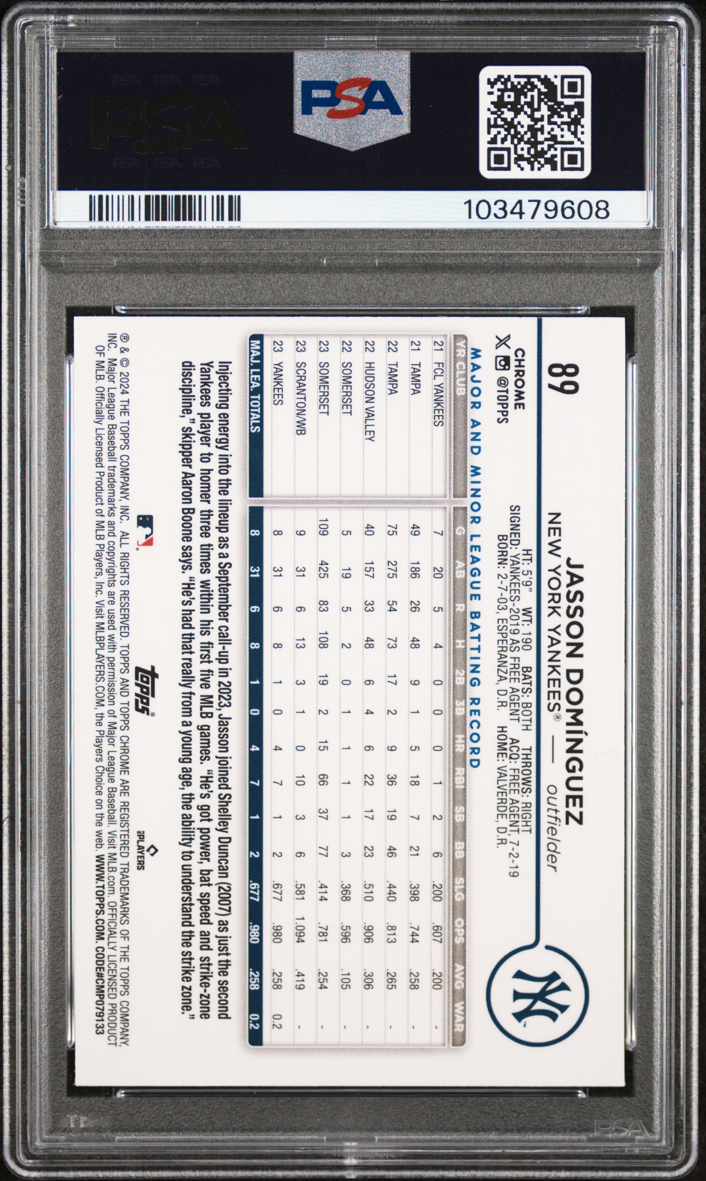 2024 Topps Chrome Logofractor Edition Jasson Dominguez #89 (Aqua Refractor) Gem Mt 10 back