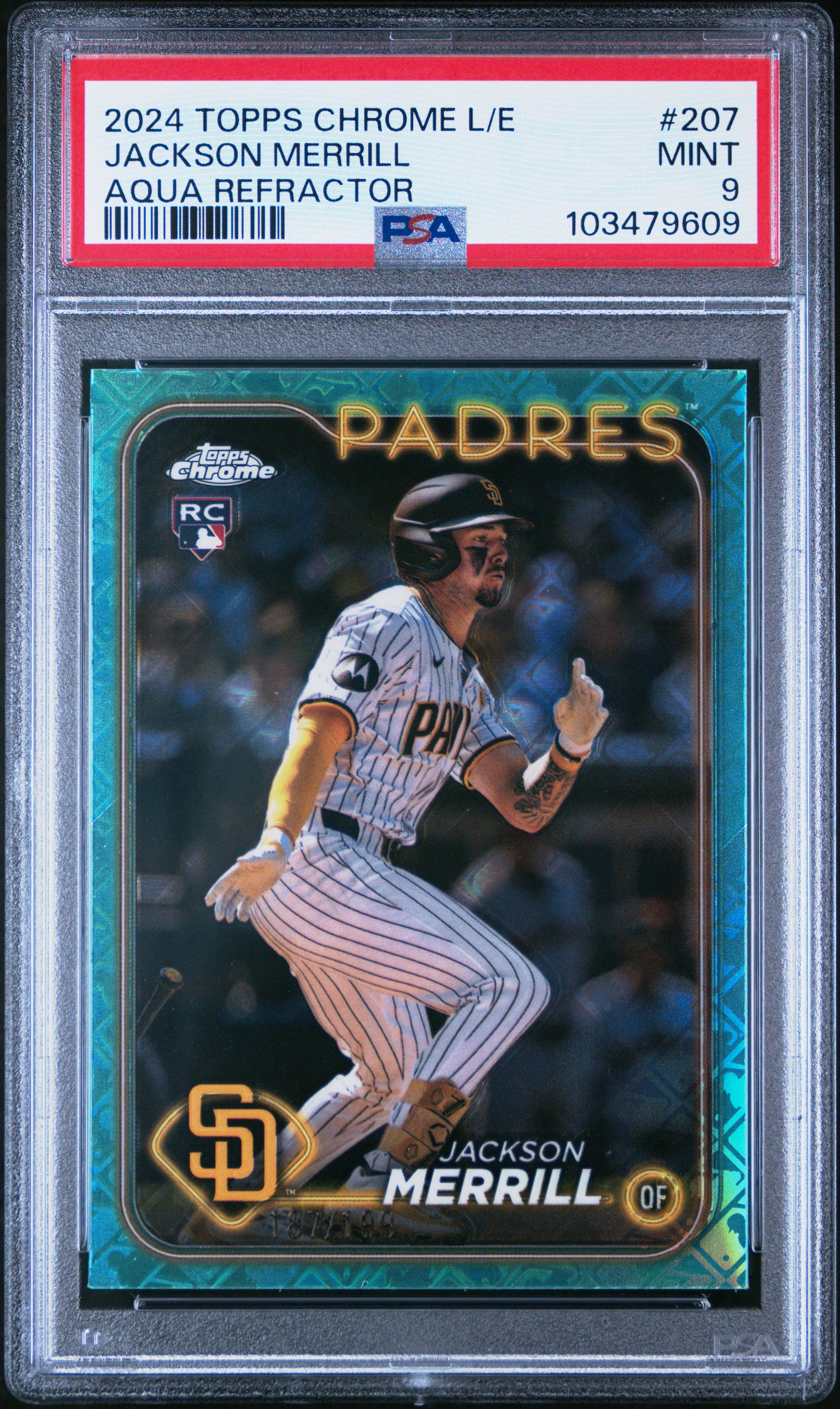 2024 Topps Chrome Logofractor Edition Jackson Merrill #207 (Aqua Refractor) Mint 9 front