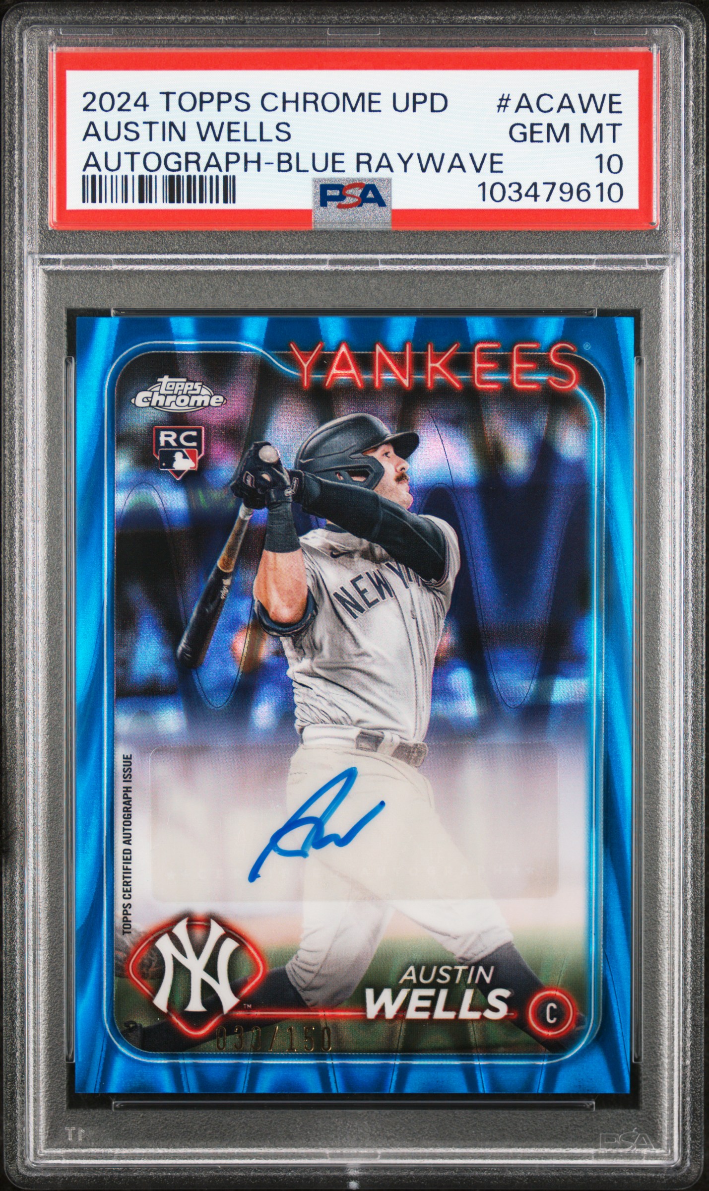 2024 Topps Chrome Update Chrome Baseball Update Series Autographs Austin Wells #Acawe (Autograph-Blue Raywave) Gem Mt 10 front