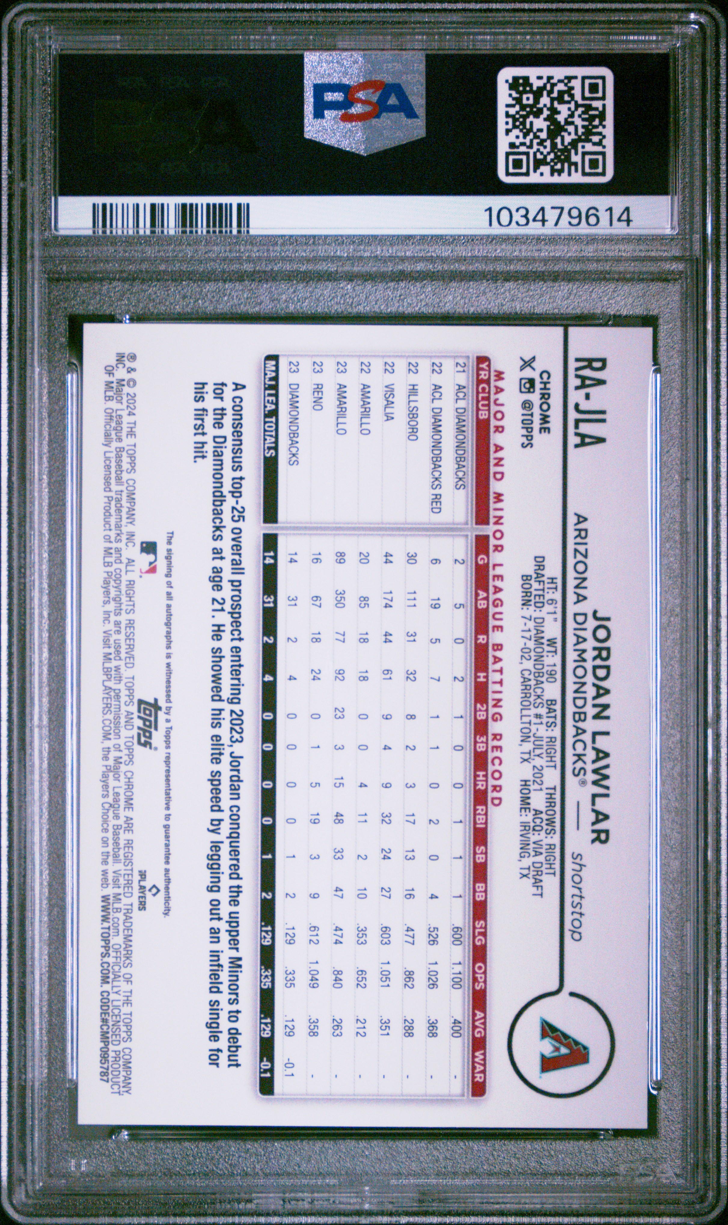 2024 Topps Chrome Update Chrome Rookie Autographs Jordan Lawlar #Rajla Gem Mt 10 back