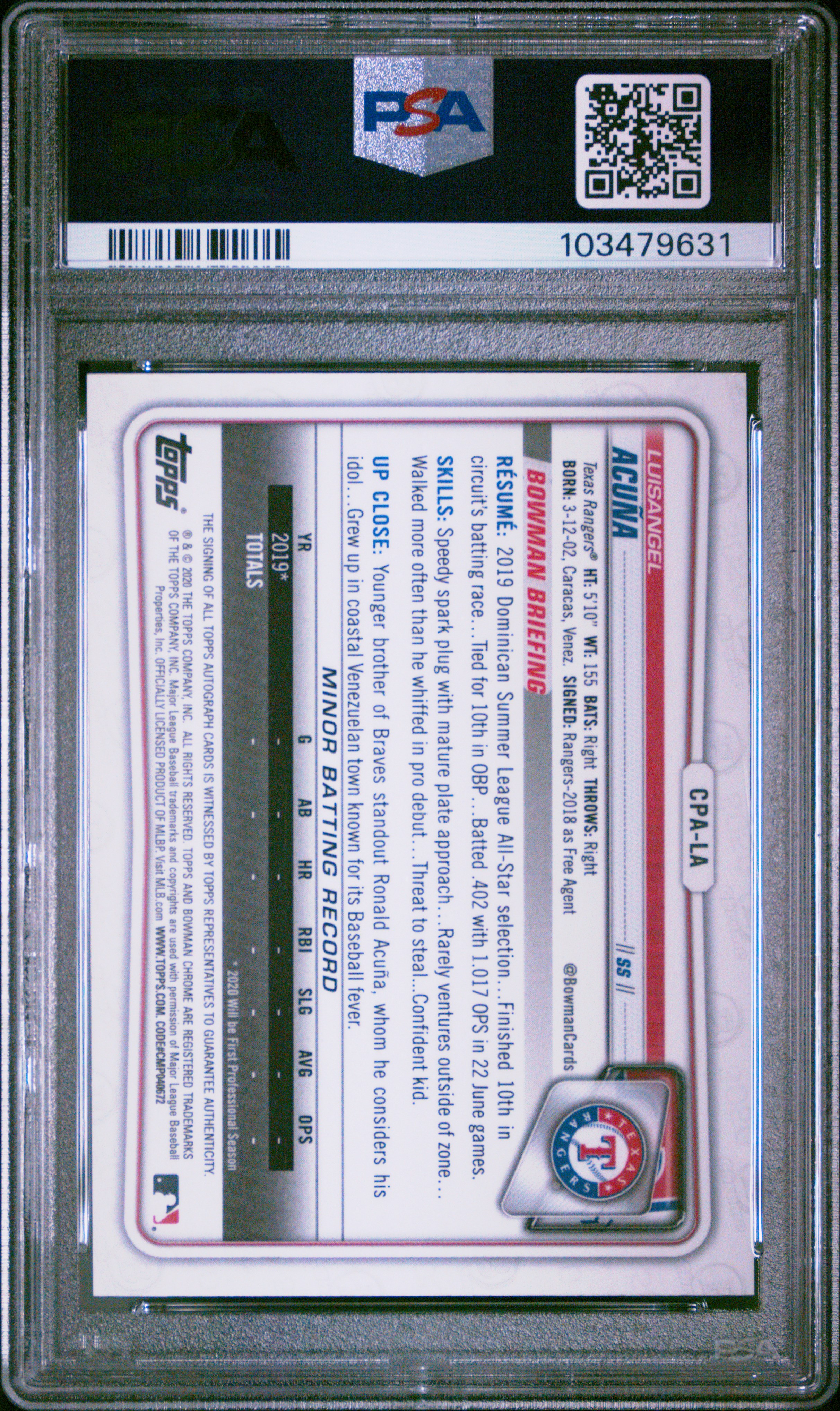 2020 Bowman Chrome Prospect Autographs Luisangel Acuna #Cpala (Prospect Auto-Purple Ref.) Gem Mt 10 back