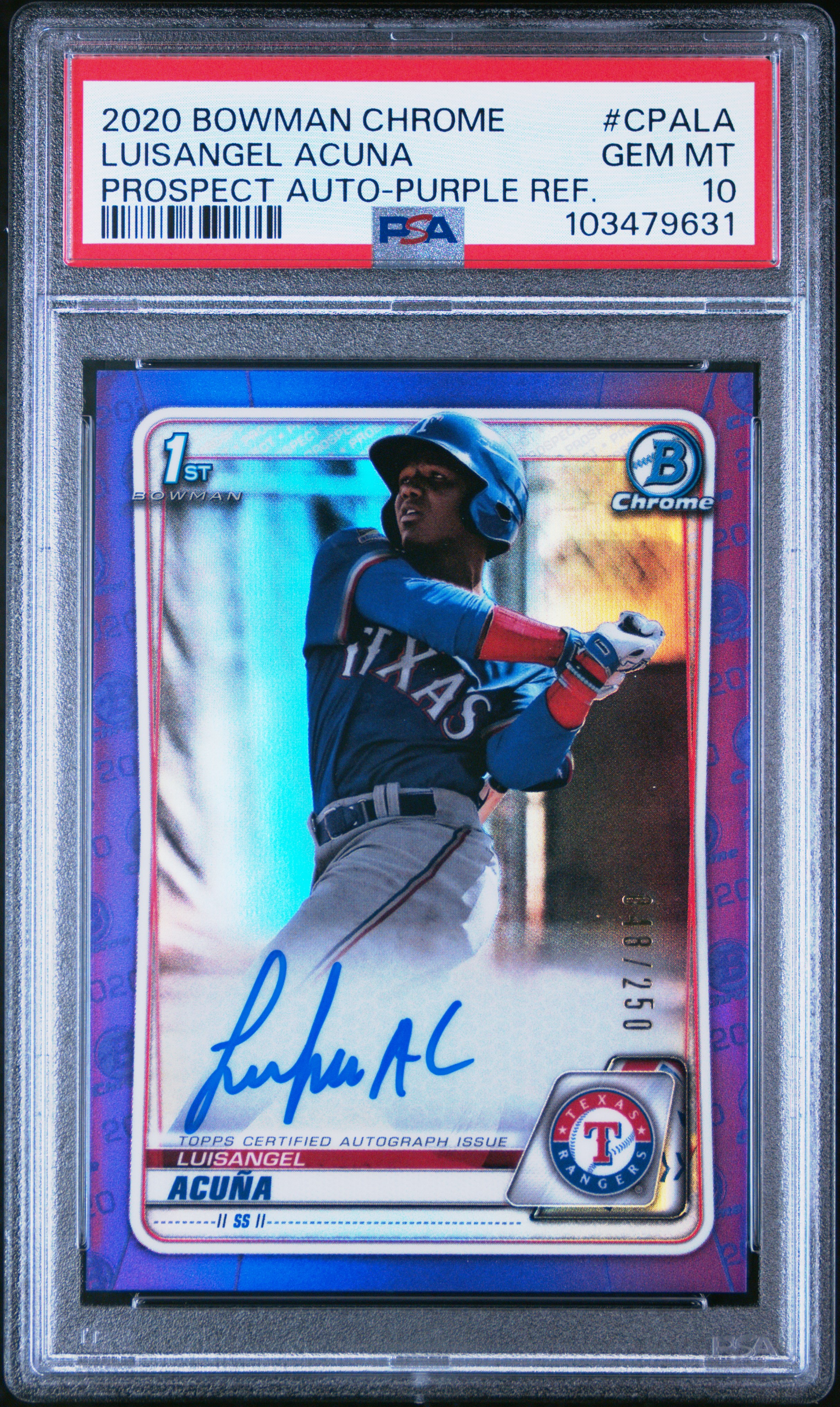 2020 Bowman Chrome Prospect Autographs Luisangel Acuna #Cpala (Prospect Auto-Purple Ref.) Gem Mt 10 front