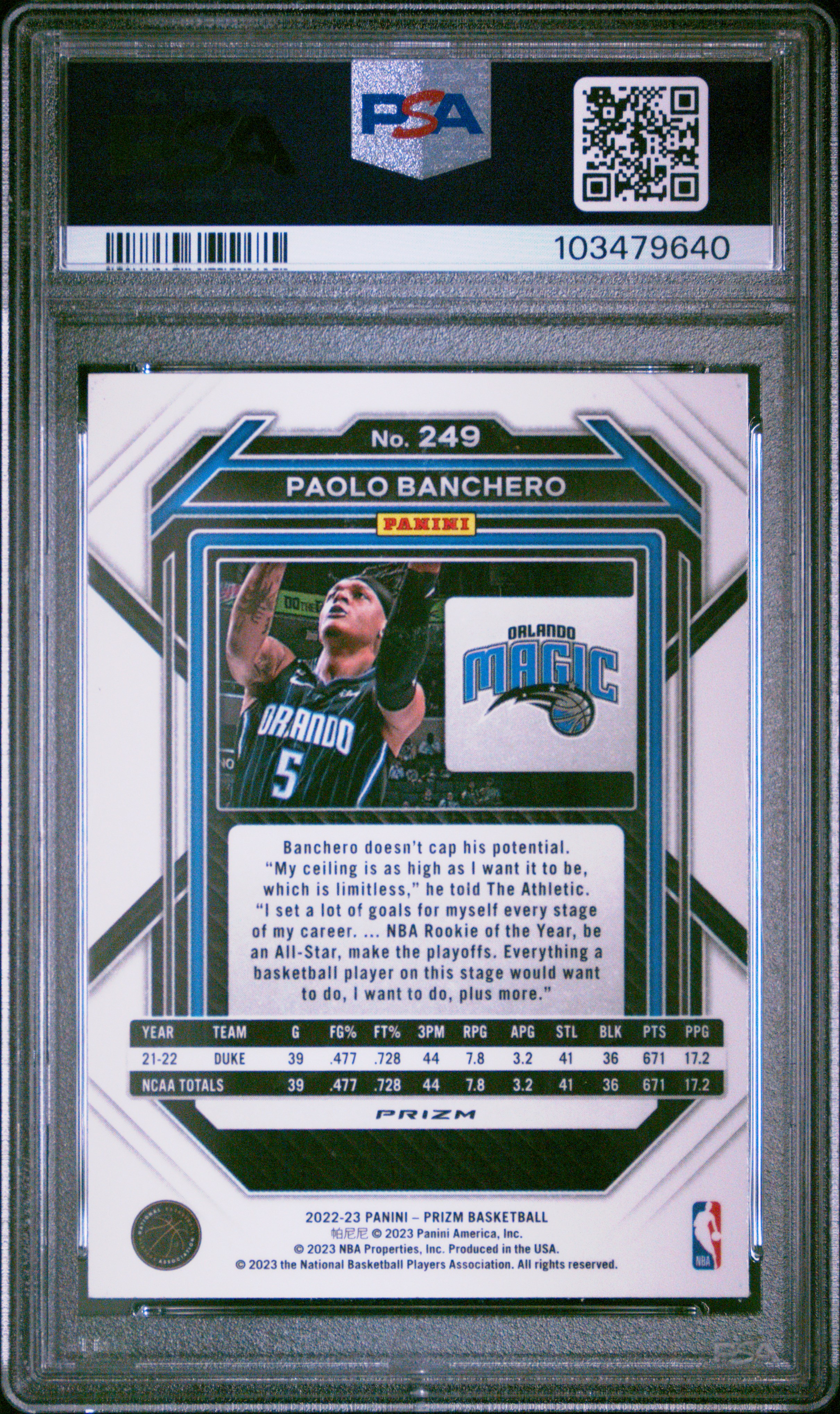 2022 Panini Prizm Paolo Banchero #249 (Pink Ice) Mint 9 back