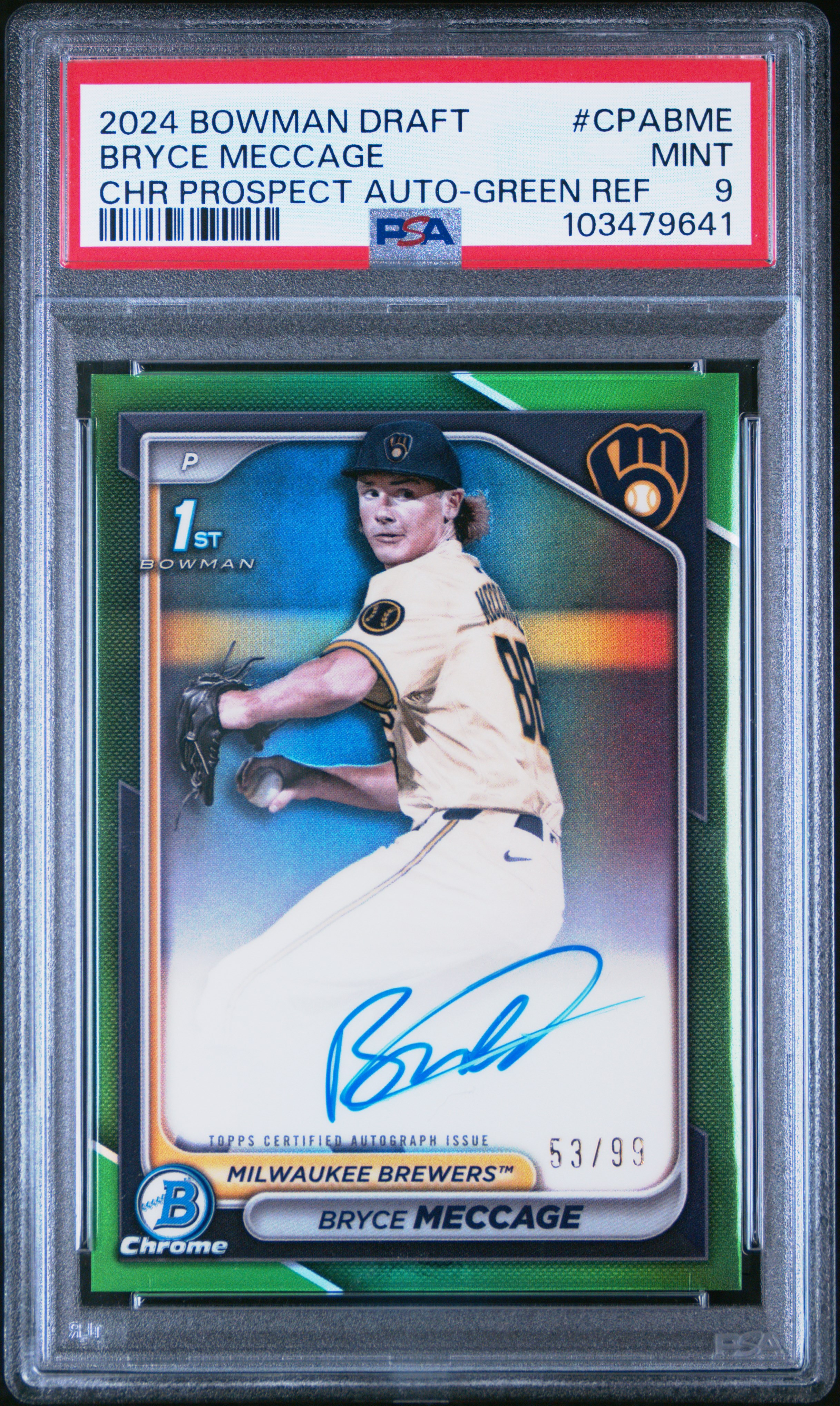 2024 Bowman Draft Chrome Prospect Autographs Bryce Meccage #Cpabme (Chr Prospect Auto-Green Ref) Mint 9 front